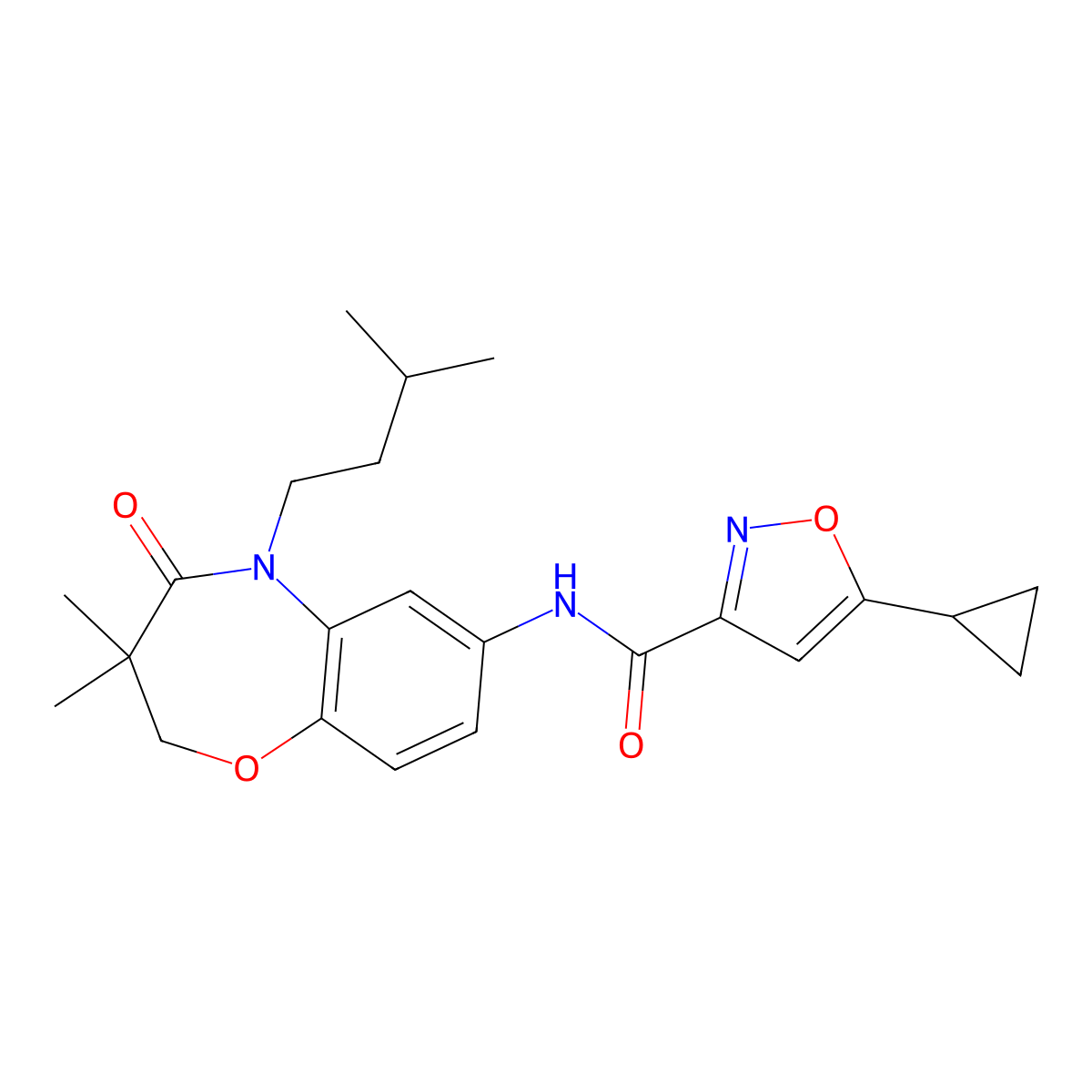 5-cyclopropyl-N-(5-isopentyl-3,3-dimethyl-4-oxo-2,3,4,5-tetrahydrobenzo[b][1,4]oxazepin-7-yl)isoxazole-3-carboxamide molecular structure, CAS 1396862-59-1