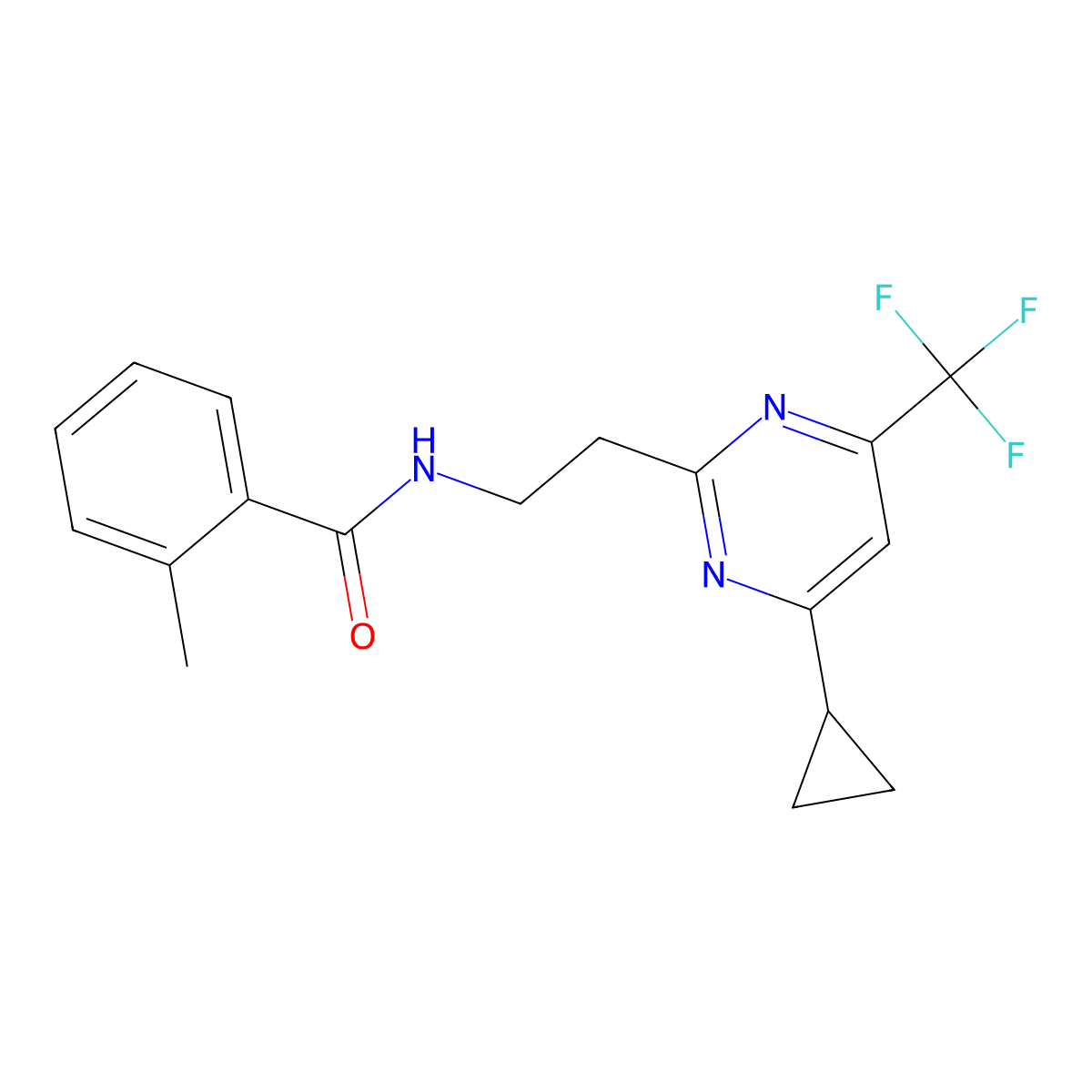 N-{2-[4-cyclopropyl-6-(trifluoromethyl)pyrimidin-2-yl]ethyl}-2-methylbenzamide molecular structure, CAS 1396862-68-2