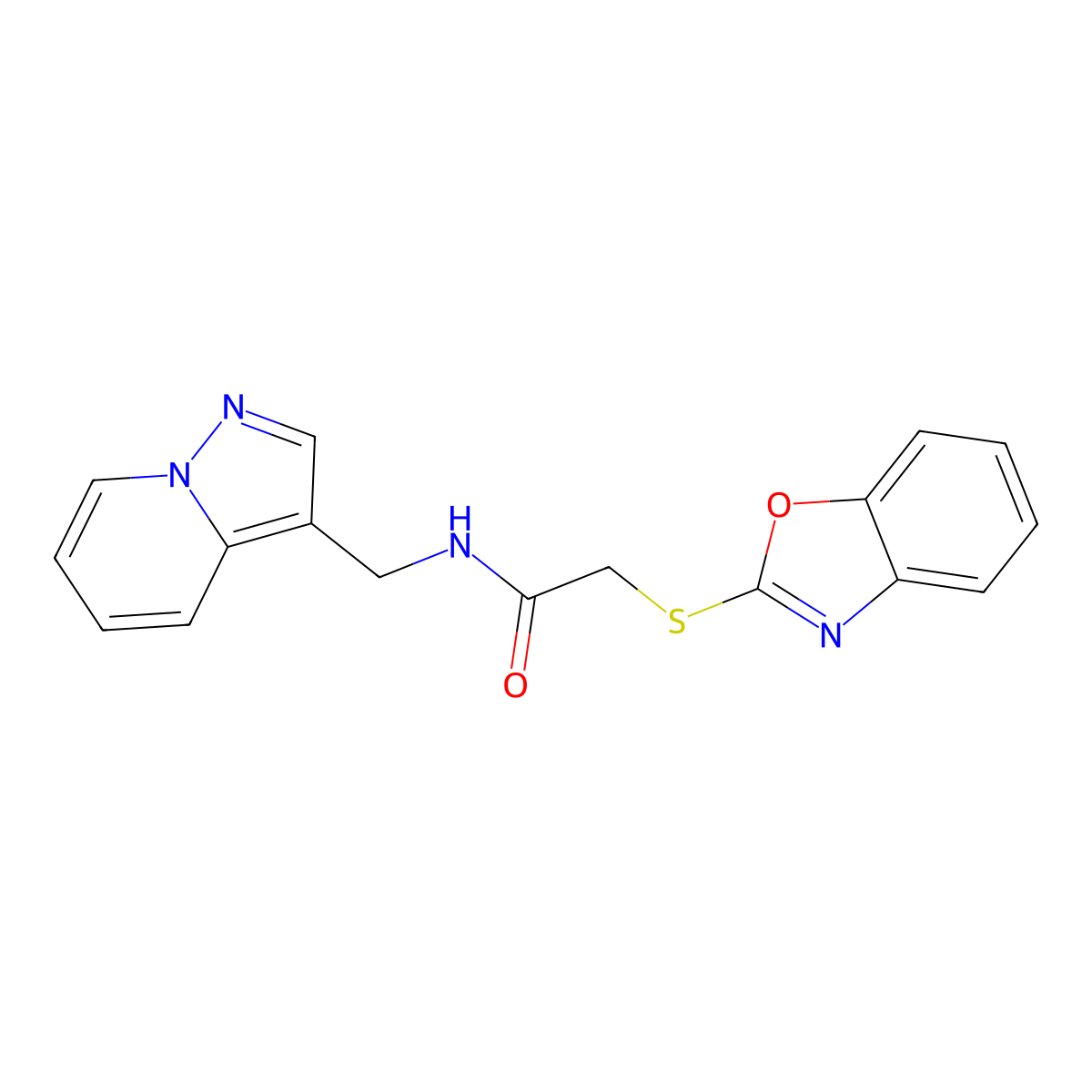 2-(benzo[d]oxazol-2-ylthio)-N-(pyrazolo[1,5-a]pyridin-3-ylmethyl)acetamide molecular structure, CAS 1396862-69-3