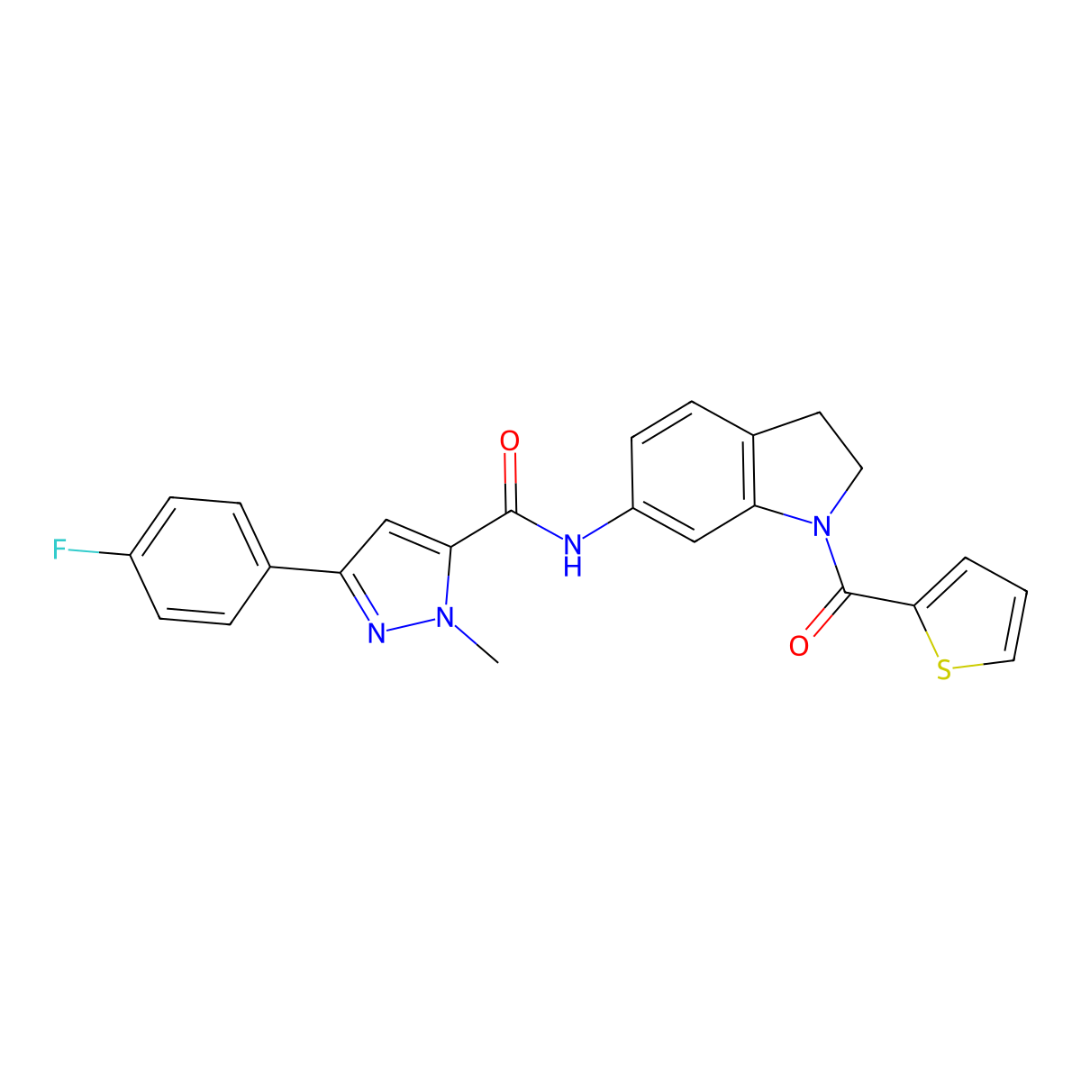 3-(4-fluorophenyl)-1-methyl-N-(1-(thiophene-2-carbonyl)indolin-6-yl)-1H-pyrazole-5-carboxamide molecular structure, CAS 1396862-75-1