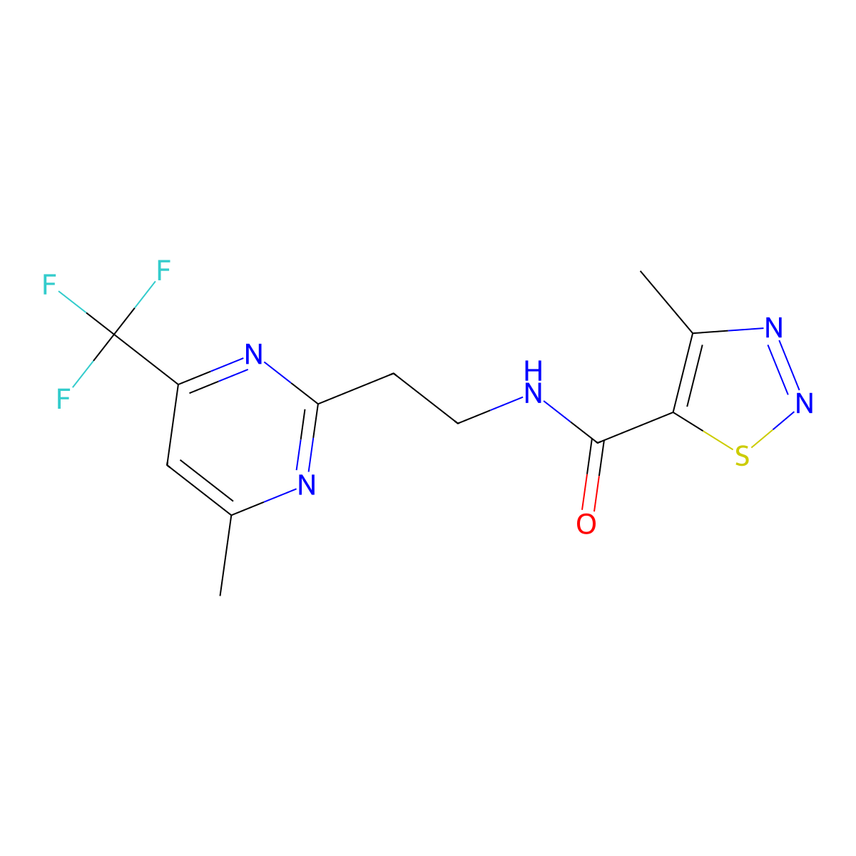4-methyl-N-{2-[4-methyl-6-(trifluoromethyl)pyrimidin-2-yl]ethyl}-1,2,3-thiadiazole-5-carboxamide molecular structure, CAS 1396862-82-0
