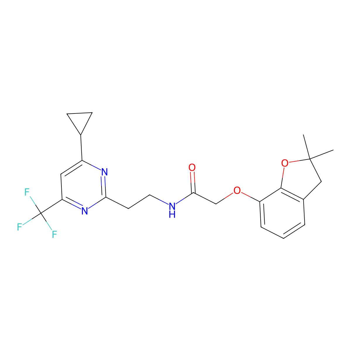 N-(2-(4-cyclopropyl-6-(trifluoromethyl)pyrimidin-2-yl)ethyl)-2-((2,2-dimethyl-2,3-dihydrobenzofuran-7-yl)oxy)acetamide molecular structure, CAS 1396862-87-5