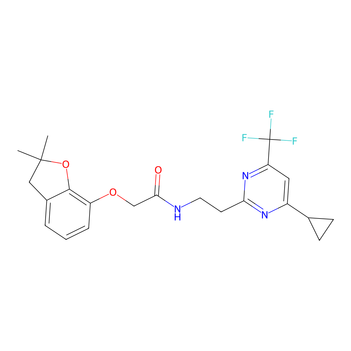 N-(2-(4-cyclopropyl-6-(trifluoromethyl)pyrimidin-2-yl)ethyl)-2-((2,2-dimethyl-2,3-dihydrobenzofuran-7-yl)oxy)acetamide molecular structure, CAS 1396862-87-5