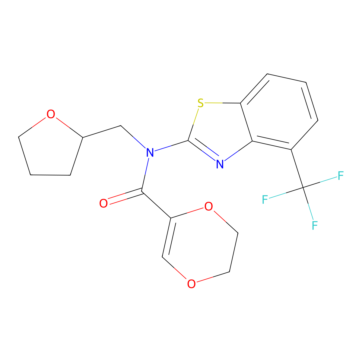 N-((tetrahydrofuran-2-yl)methyl)-N-(4-(trifluoromethyl)benzo[d]thiazol-2-yl)-5,6-dihydro-1,4-dioxine-2-carboxamide molecular structure, CAS 1396862-95-5