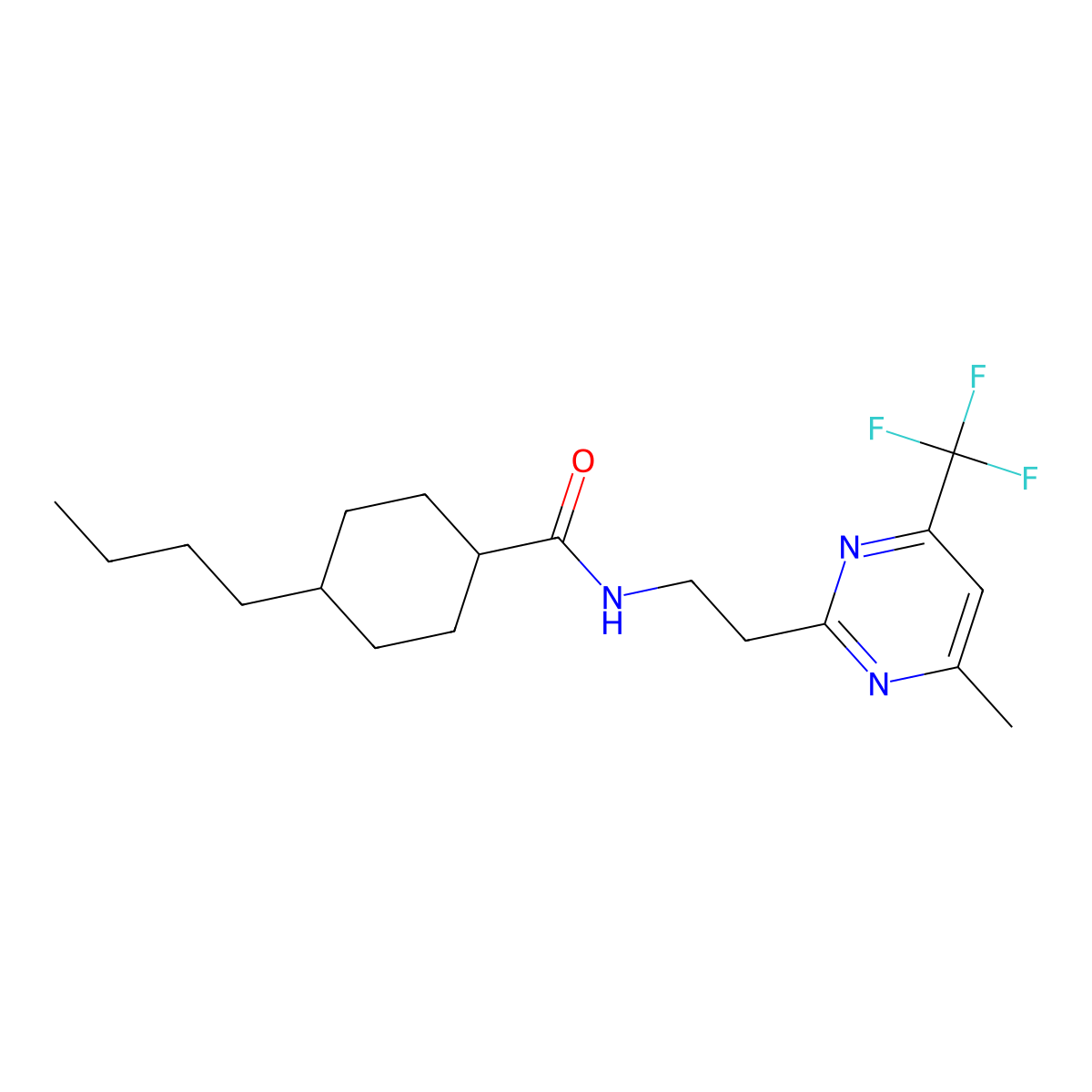 4-butyl-N-(2-(4-methyl-6-(trifluoromethyl)pyrimidin-2-yl)ethyl)cyclohexanecarboxamide molecular structure, CAS 1396863-01-6