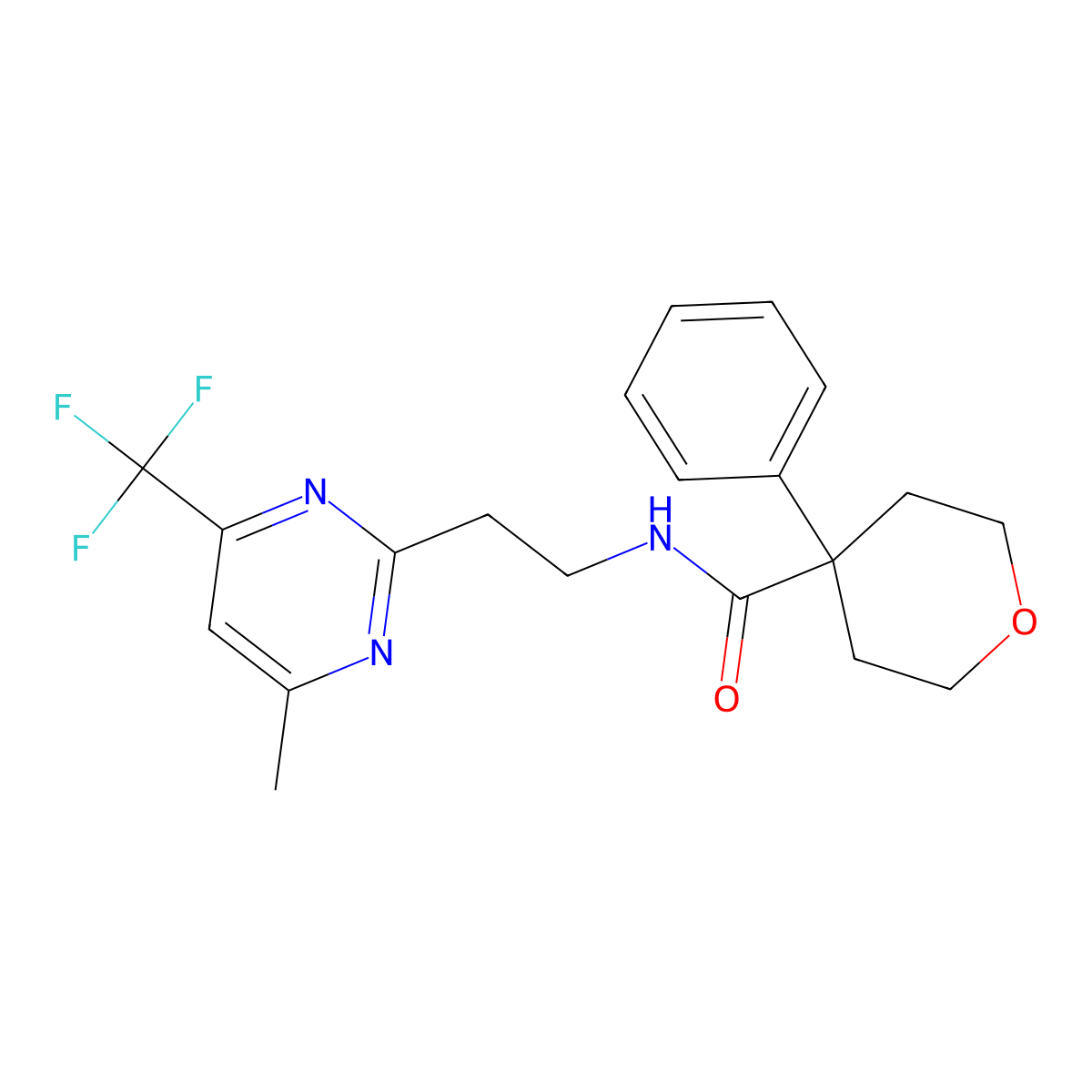 N-(2-(4-methyl-6-(trifluoromethyl)pyrimidin-2-yl)ethyl)-4-phenyltetrahydro-2H-pyran-4-carboxamide molecular structure, CAS 1396863-07-2