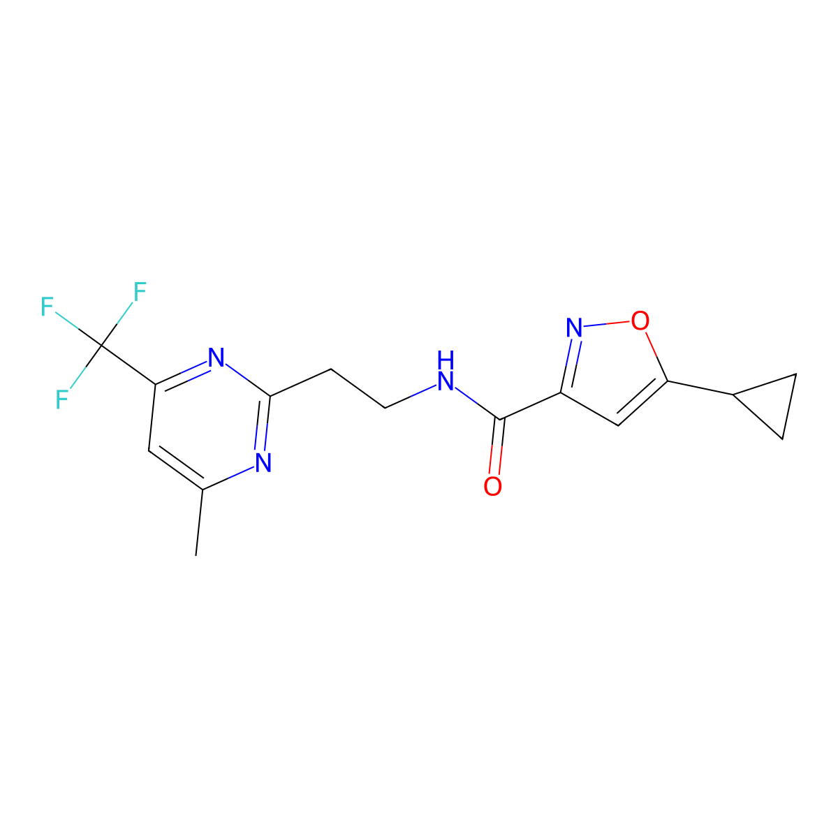 5-cyclopropyl-N-(2-(4-methyl-6-(trifluoromethyl)pyrimidin-2-yl)ethyl)isoxazole-3-carboxamide molecular structure, CAS 1396863-14-1