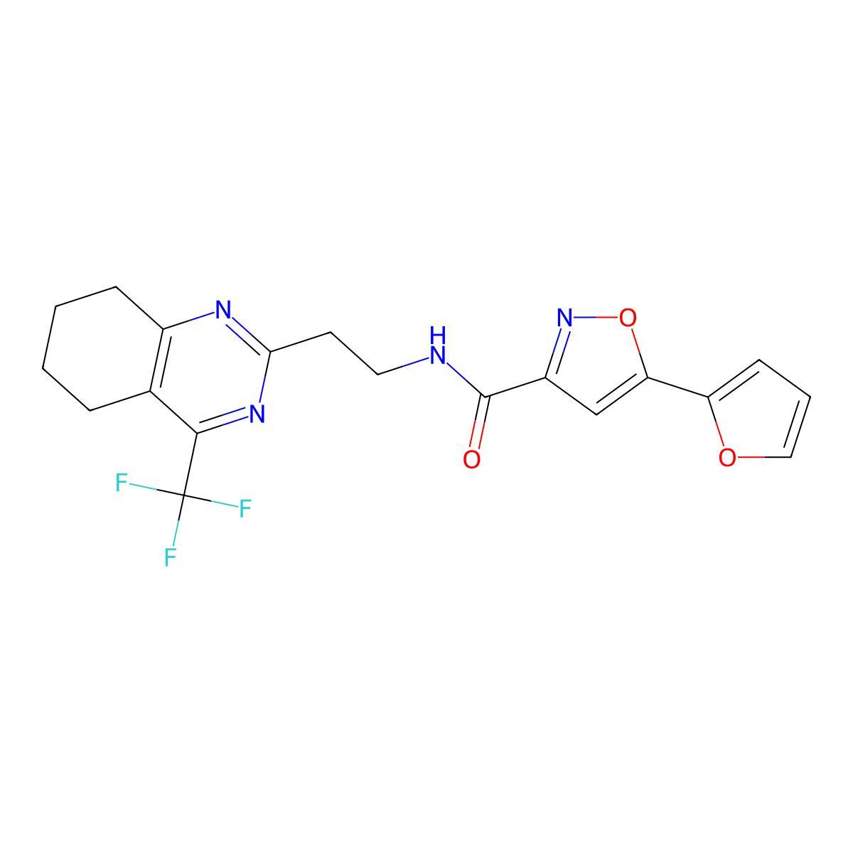5-(furan-2-yl)-N-(2-(4-(trifluoromethyl)-5,6,7,8-tetrahydroquinazolin-2-yl)ethyl)isoxazole-3-carboxamide molecular structure, CAS 1396863-19-6