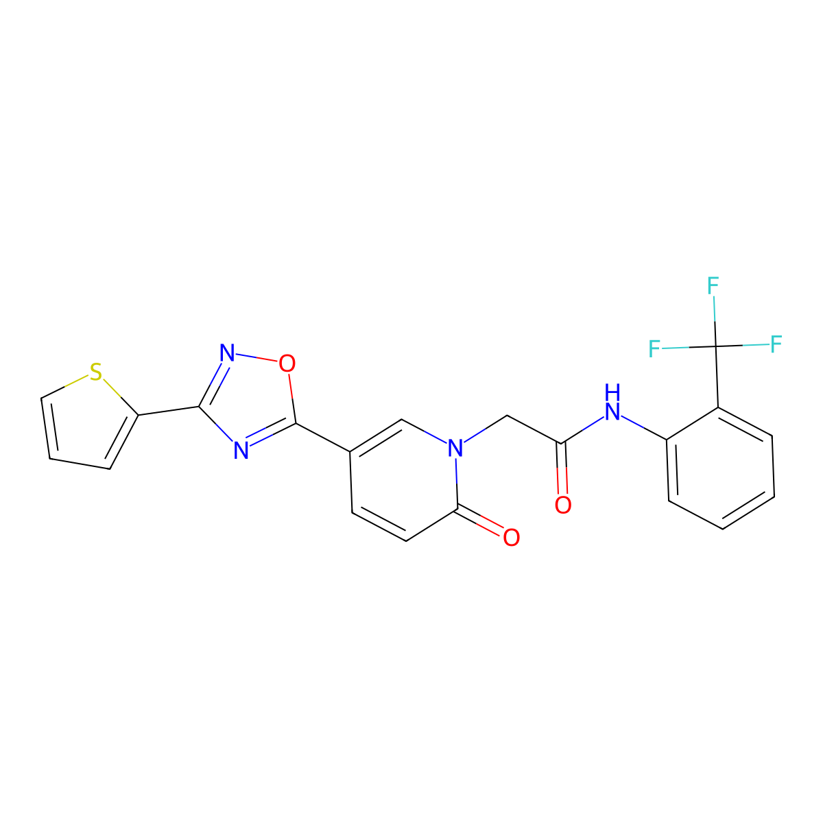 2-[2-oxo-5-[3-(2-thienyl)-1,2,4-oxadiazol-5-yl]pyridin-1(2H)-yl]-N-[2-(trifluoromethyl)phenyl]acetamide molecular structure, CAS 1396863-21-0