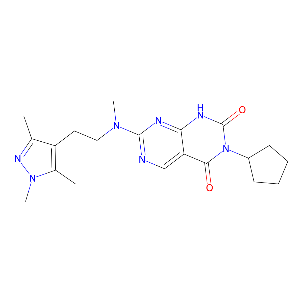 3-cyclopentyl-7-{methyl[2-(1,3,5-trimethyl-1H-pyrazol-4-yl)ethyl]amino}pyrimido[4,5-d]pyrimidine-2,4(1H,3H)-dione molecular structure, CAS 1396863-38-9