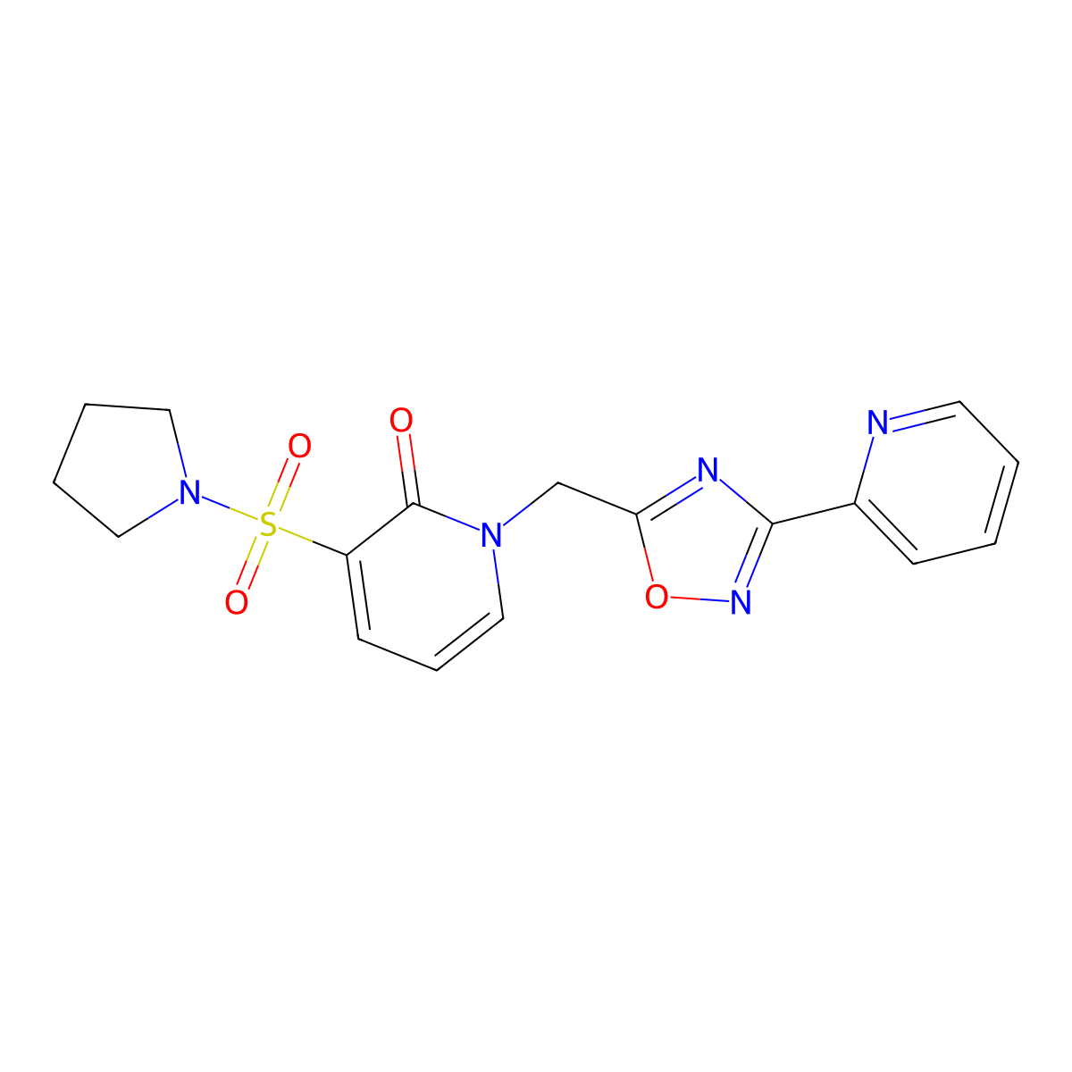 1-[(3-pyridin-2-yl-1,2,4-oxadiazol-5-yl)methyl]-3-(pyrrolidin-1-ylsulfonyl)pyridin-2(1H)-one molecular structure, CAS 1396863-44-7