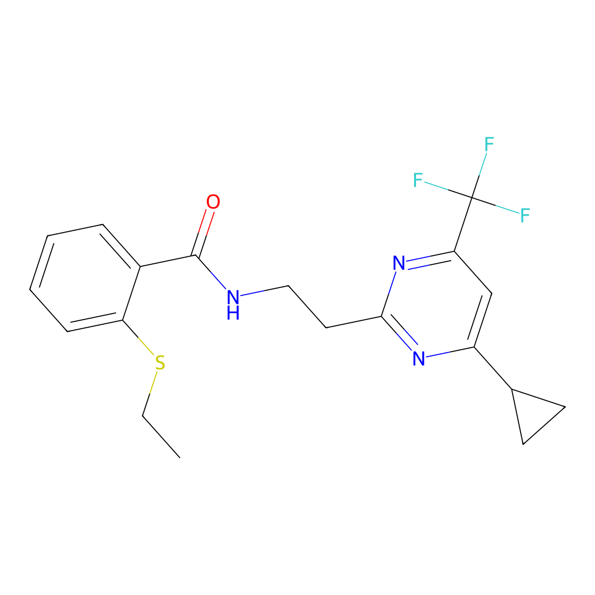 N-(2-(4-cyclopropyl-6-(trifluoromethyl)pyrimidin-2-yl)ethyl)-2-(ethylthio)benzamide molecular structure, CAS 1396863-55-0
