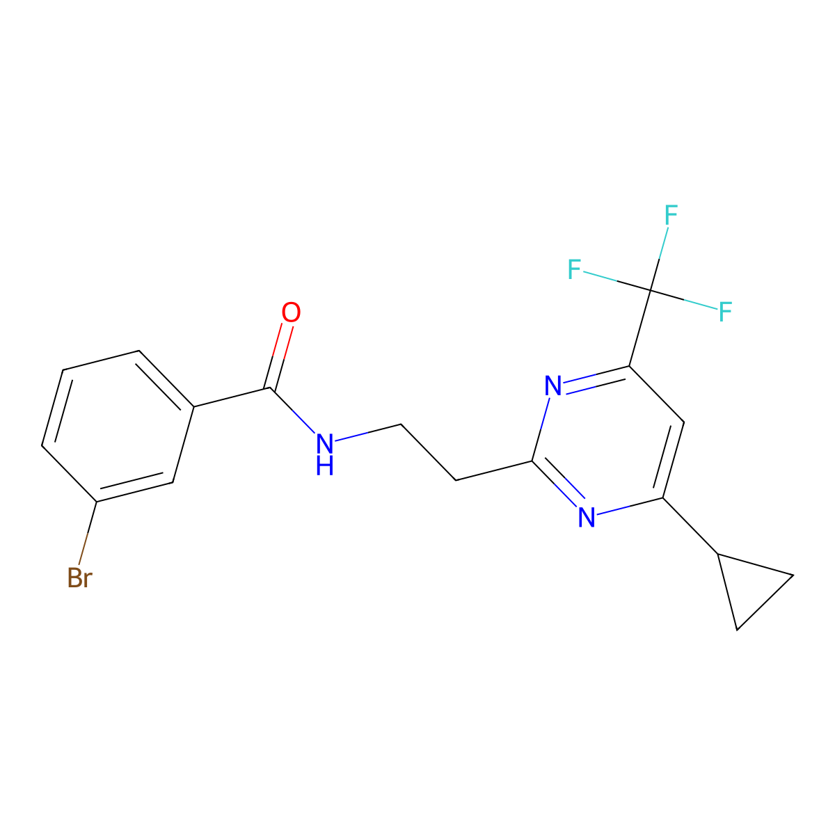 3-bromo-N-(2-(4-cyclopropyl-6-(trifluoromethyl)pyrimidin-2-yl)ethyl)benzamide molecular structure, CAS 1396863-62-9