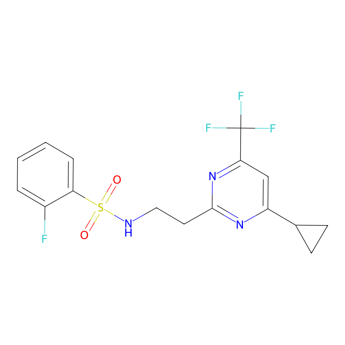 N-(2-(4-cyclopropyl-6-(trifluoromethyl)pyrimidin-2-yl)ethyl)-2-fluorobenzenesulfonamide molecular structure, CAS 1396863-69-6