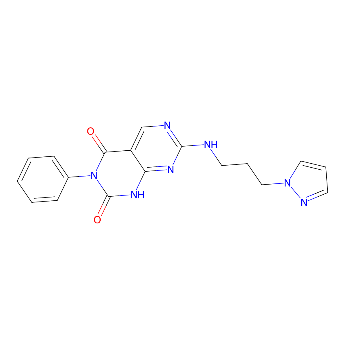 3-phenyl-7-{[3-(1H-pyrazol-1-yl)propyl]amino}pyrimido[4,5-d]pyrimidine-2,4(1H,3H)-dione molecular structure, CAS 1396863-70-9