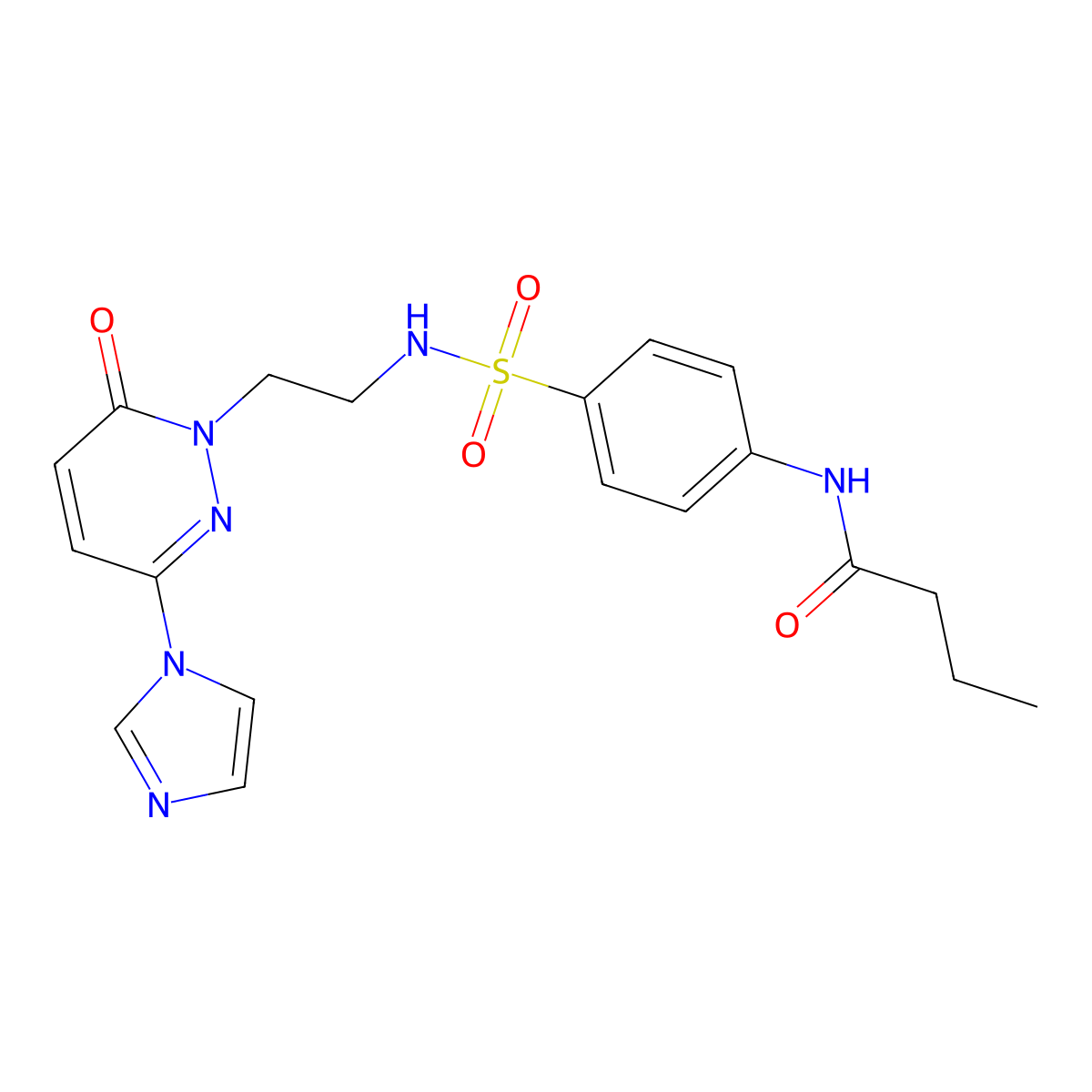 N-(4-(N-(2-(3-(1H-imidazol-1-yl)-6-oxopyridazin-1(6H)-yl)ethyl)sulfamoyl)phenyl)butyramide molecular structure, CAS 1396863-75-4