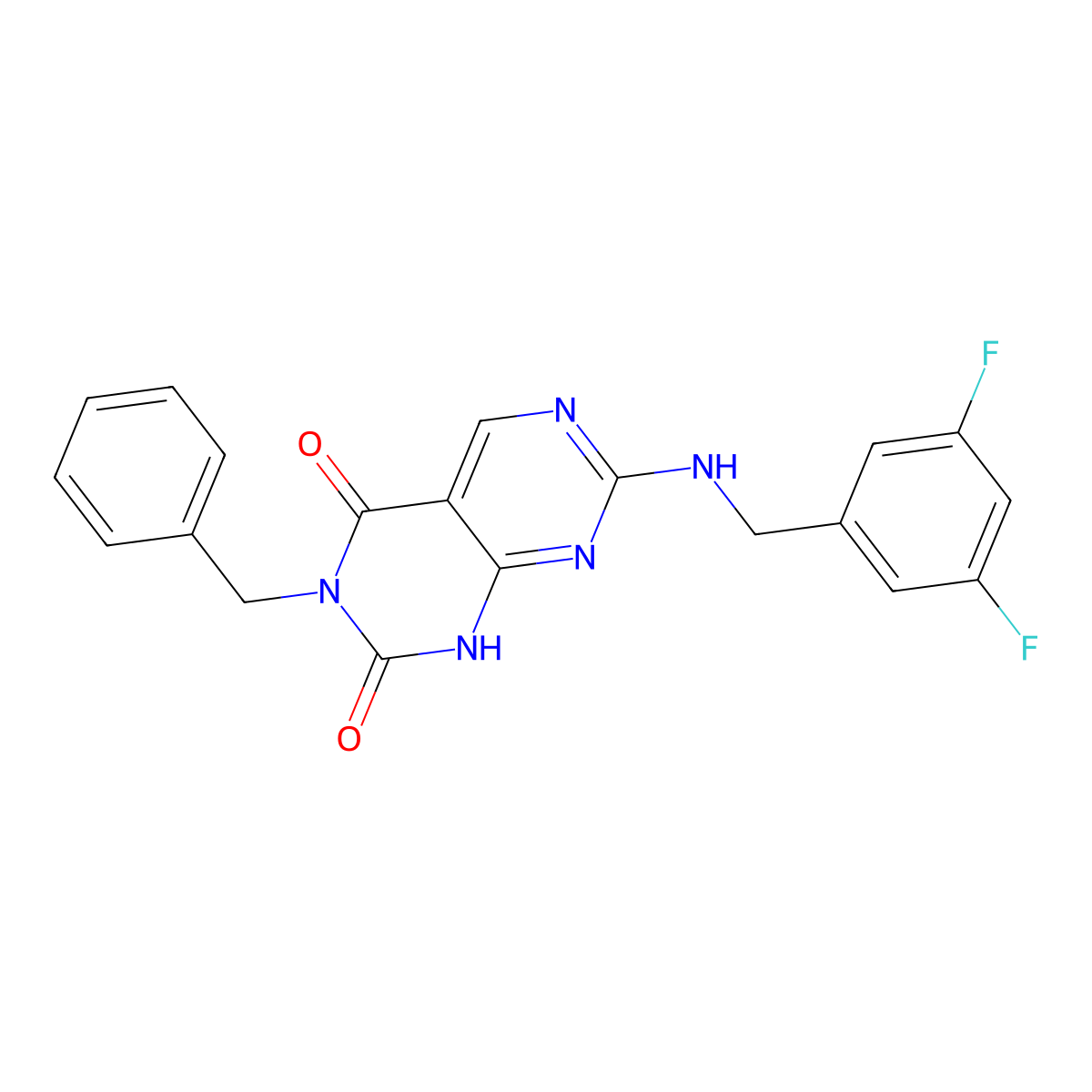 3-benzyl-7-((3,5-difluorobenzyl)amino)pyrimido[4,5-d]pyrimidine-2,4(1H,3H)-dione molecular structure, CAS 1396863-78-7