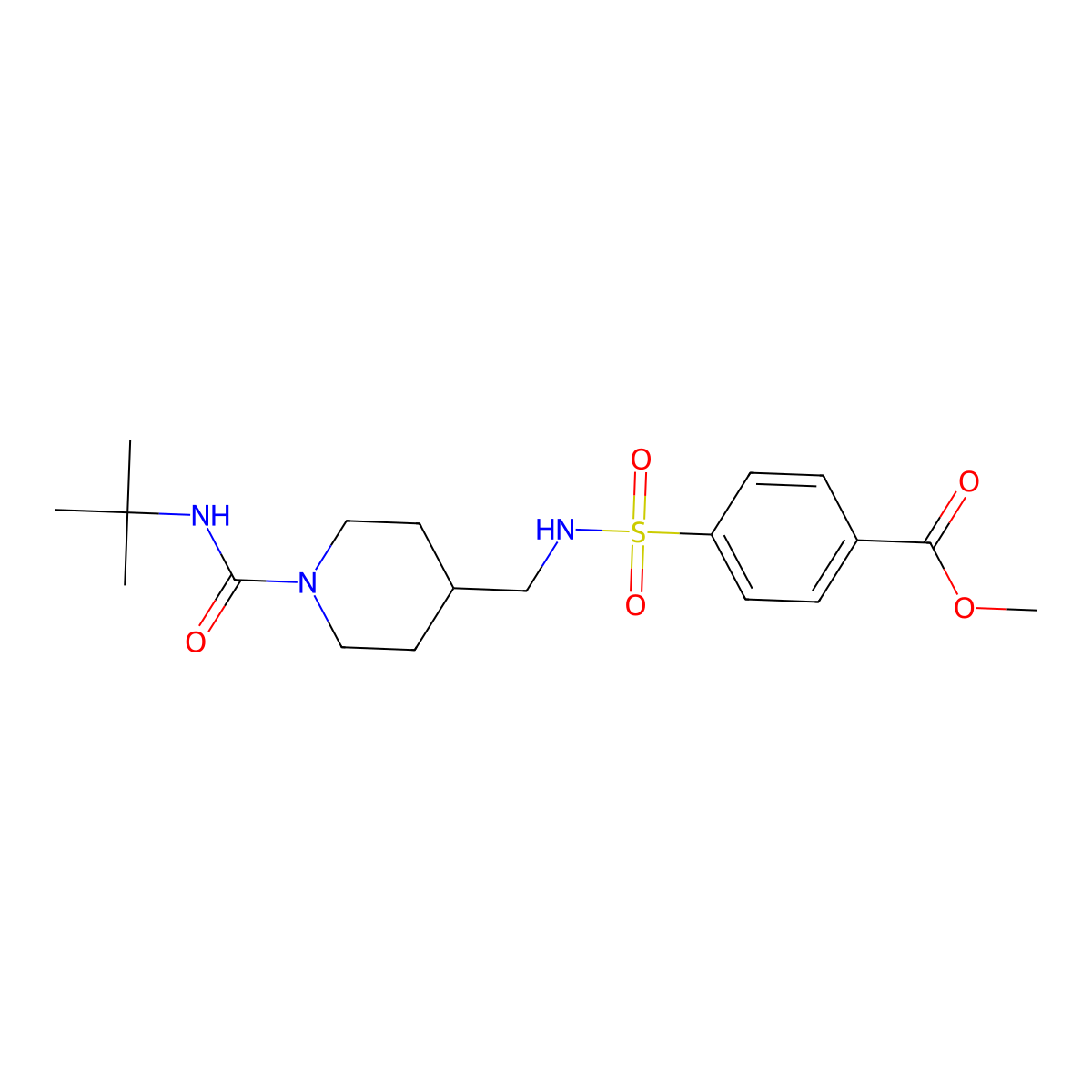 methyl 4-(N-((1-(tert-butylcarbamoyl)piperidin-4-yl)methyl)sulfamoyl)benzoate molecular structure, CAS 1396863-82-3