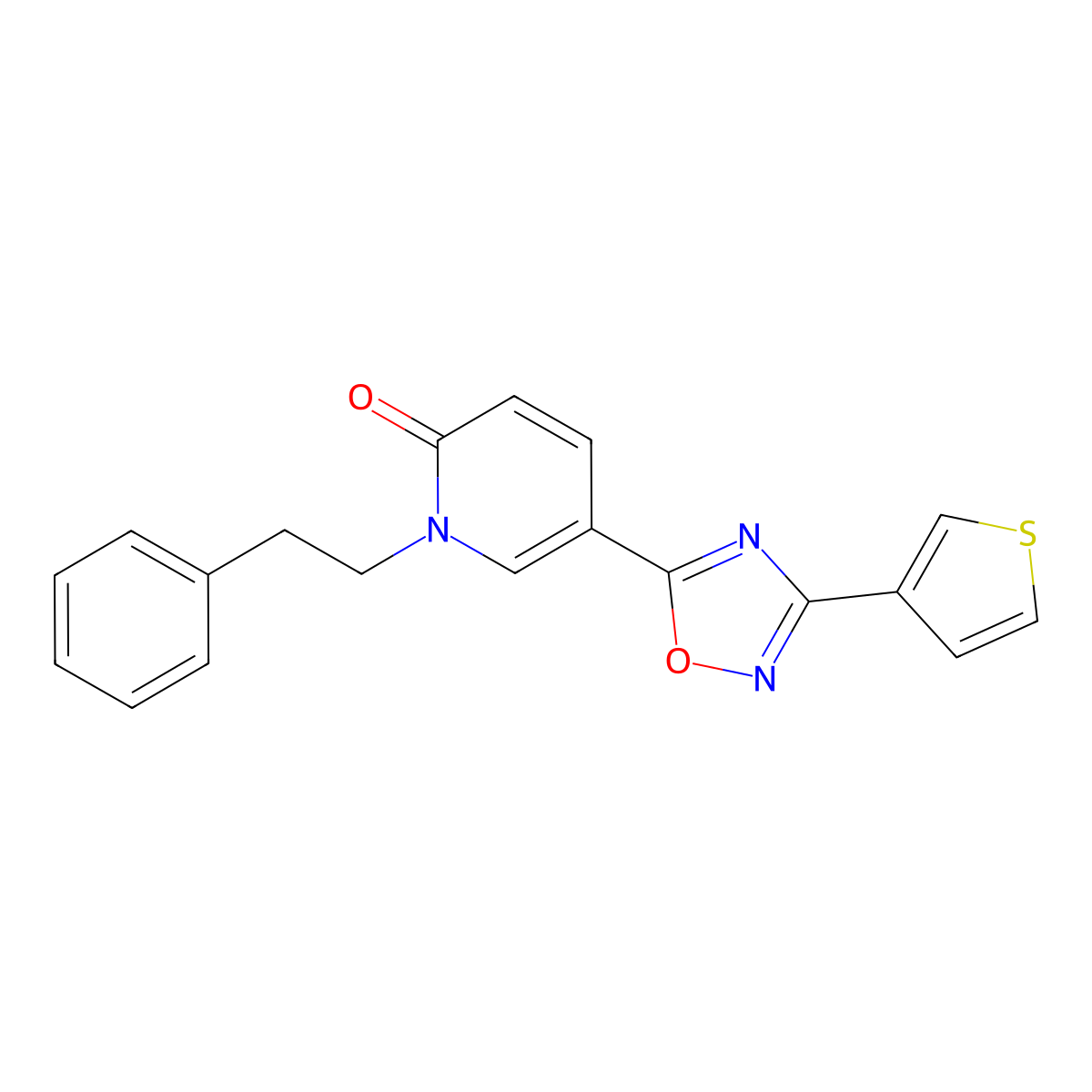 1-phenethyl-5-(3-(thiophen-3-yl)-1,2,4-oxadiazol-5-yl)pyridin-2(1H)-one molecular structure, CAS 1396863-88-9