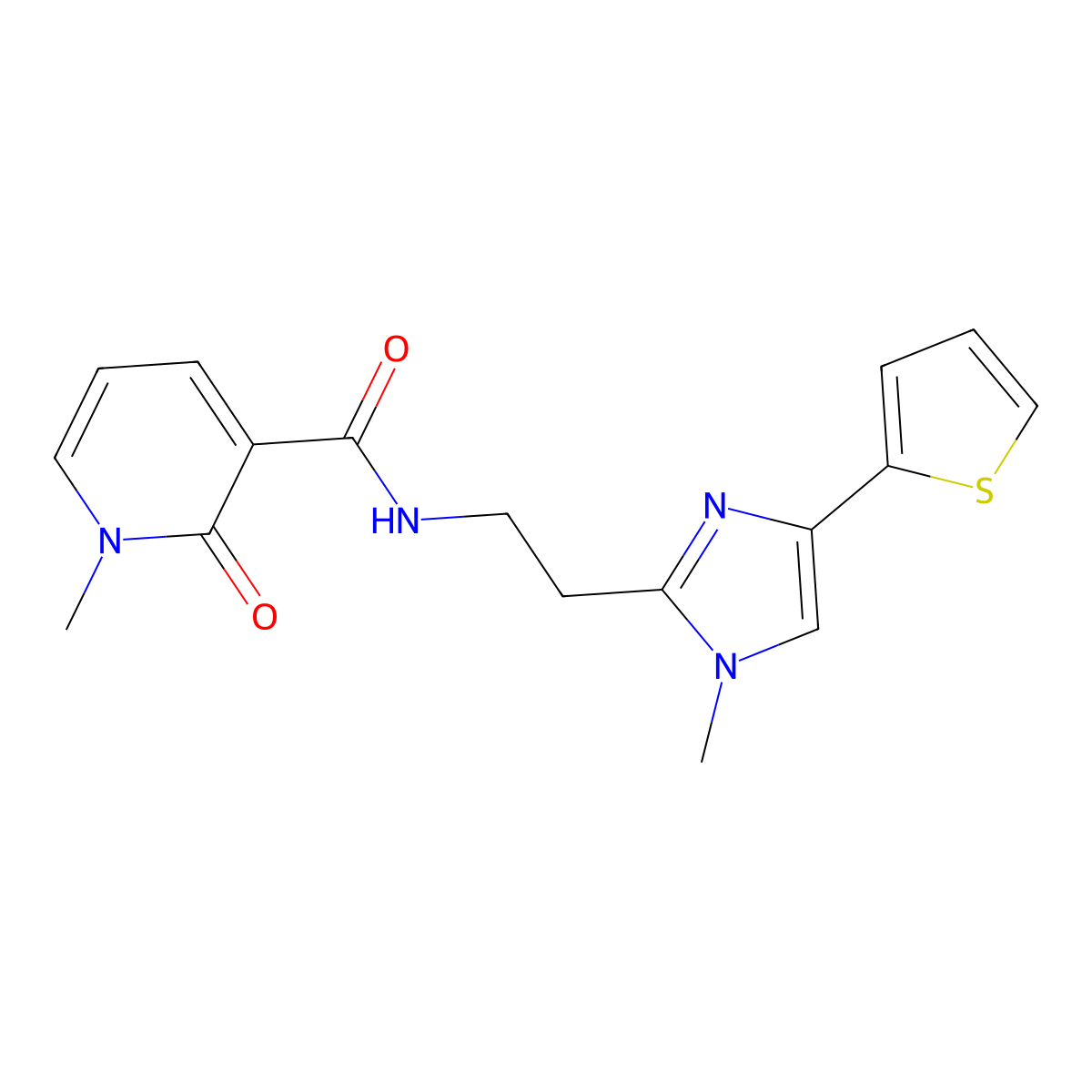 1-methyl-N-(2-(1-methyl-4-(thiophen-2-yl)-1H-imidazol-2-yl)ethyl)-2-oxo-1,2-dihydropyridine-3-carboxamide molecular structure, CAS 1396863-97-0