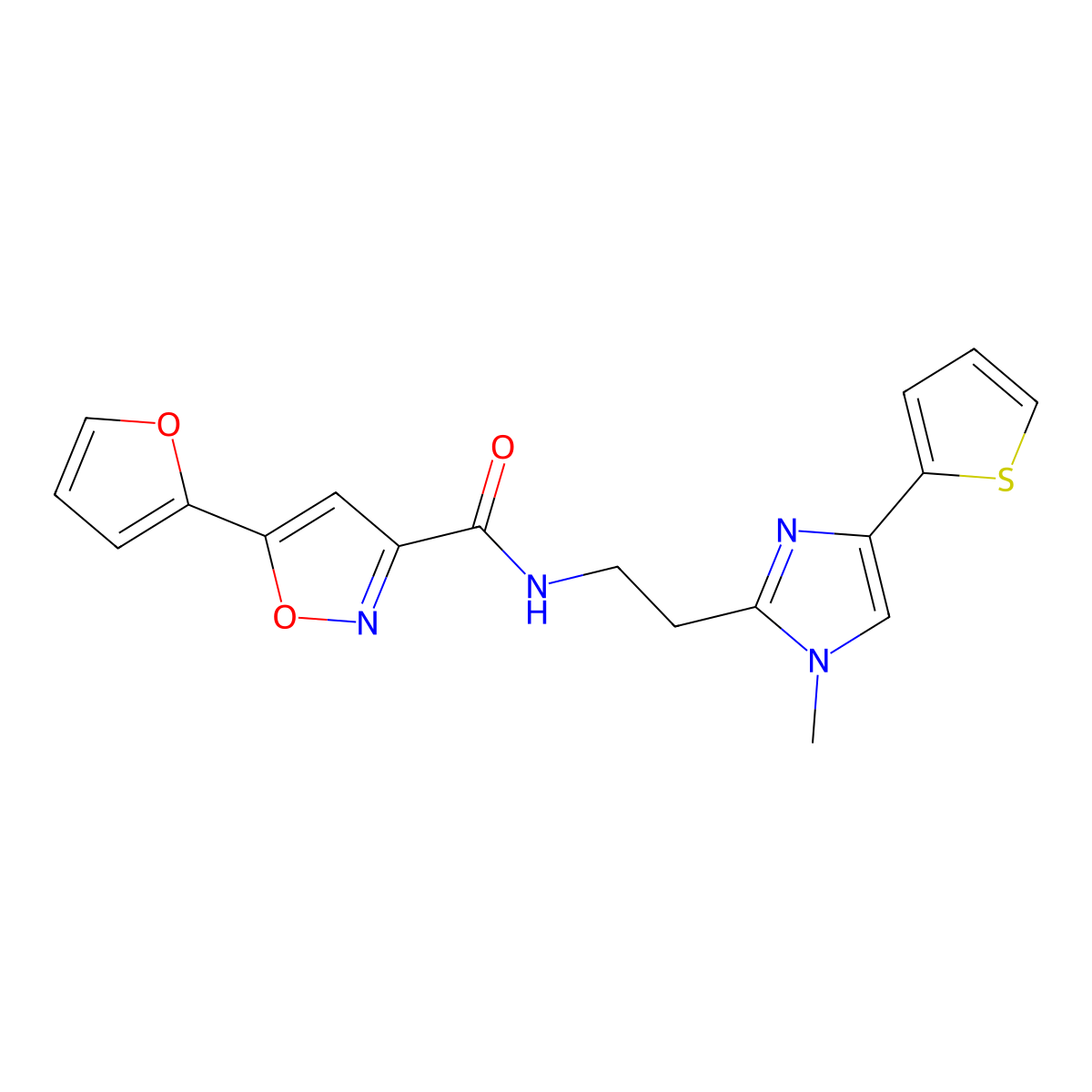 5-(furan-2-yl)-N-(2-(1-methyl-4-(thiophen-2-yl)-1H-imidazol-2-yl)ethyl)isoxazole-3-carboxamide molecular structure, CAS 1396864-00-8