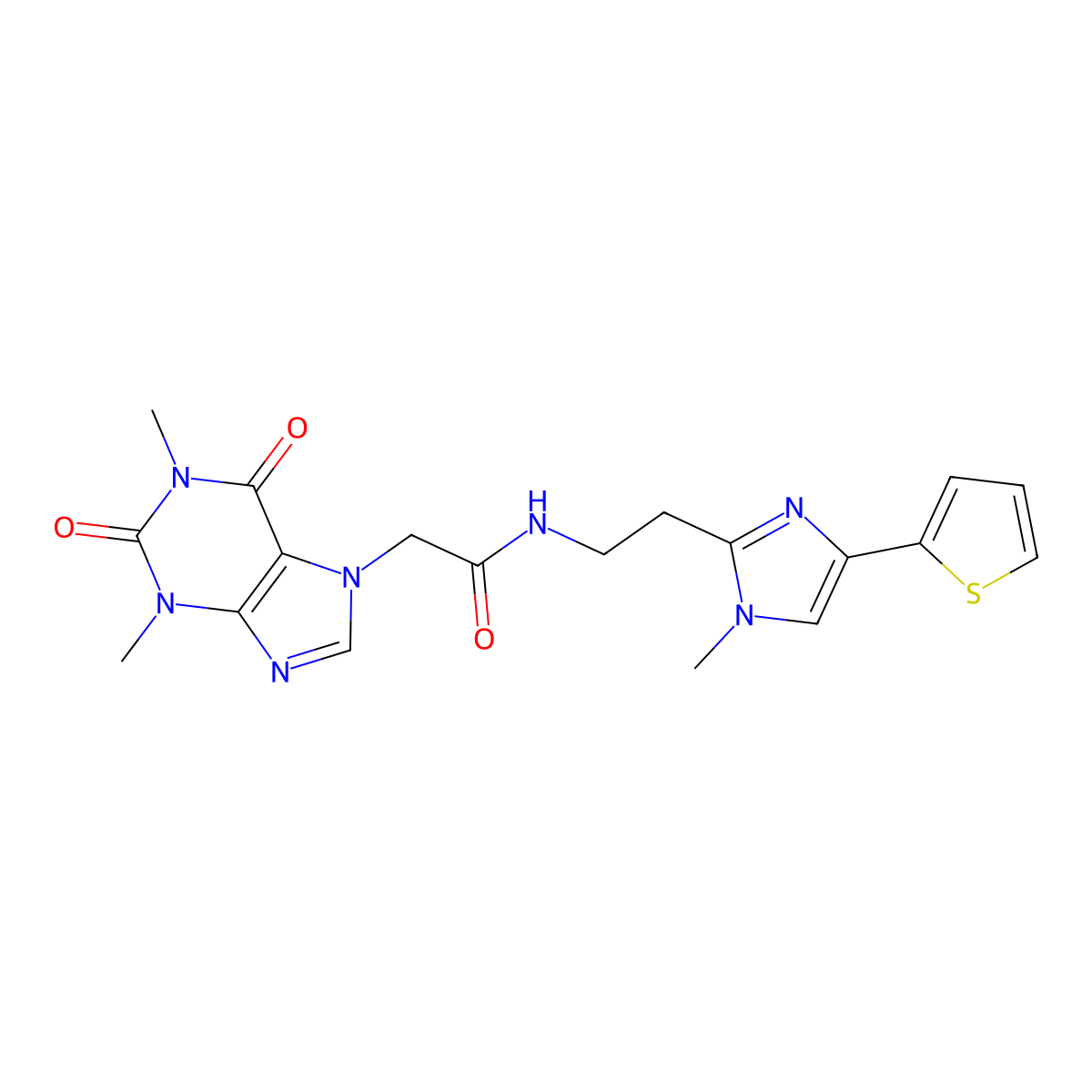 2-(1,3-dimethyl-2,6-dioxo-2,3-dihydro-1H-purin-7(6H)-yl)-N-(2-(1-methyl-4-(thiophen-2-yl)-1H-imidazol-2-yl)ethyl)acetamide molecular structure, CAS 1396864-10-0