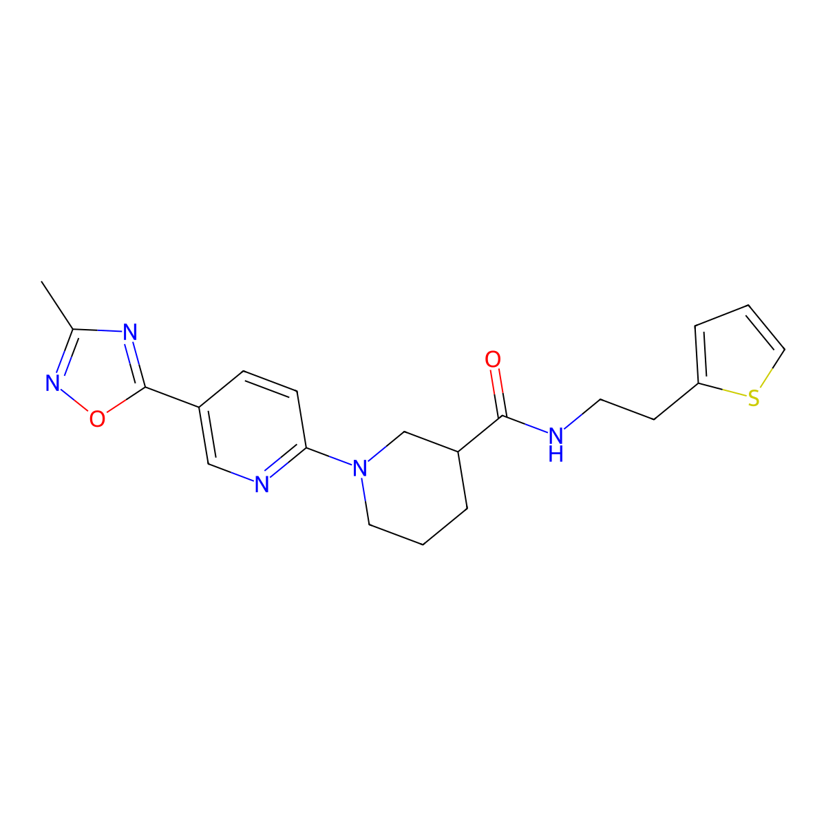 1-(5-(3-methyl-1,2,4-oxadiazol-5-yl)pyridin-2-yl)-N-(2-(thiophen-2-yl)ethyl)piperidine-3-carboxamide molecular structure, CAS 1396864-19-9