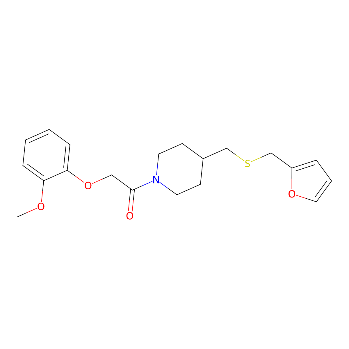 1-(4-(((Furan-2-ylmethyl)thio)methyl)piperidin-1-yl)-2-(2-methoxyphenoxy)ethanone molecular structure, CAS 1396864-29-1