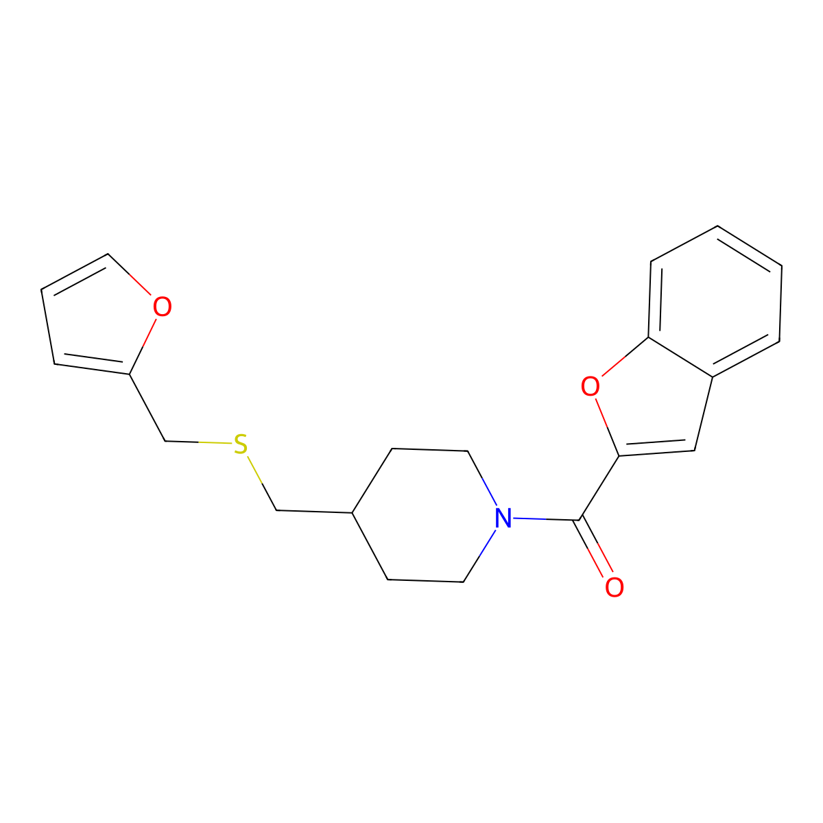 Benzofuran-2-yl(4-(((furan-2-ylmethyl)thio)methyl)piperidin-1-yl)methanone molecular structure, CAS 1396864-34-8