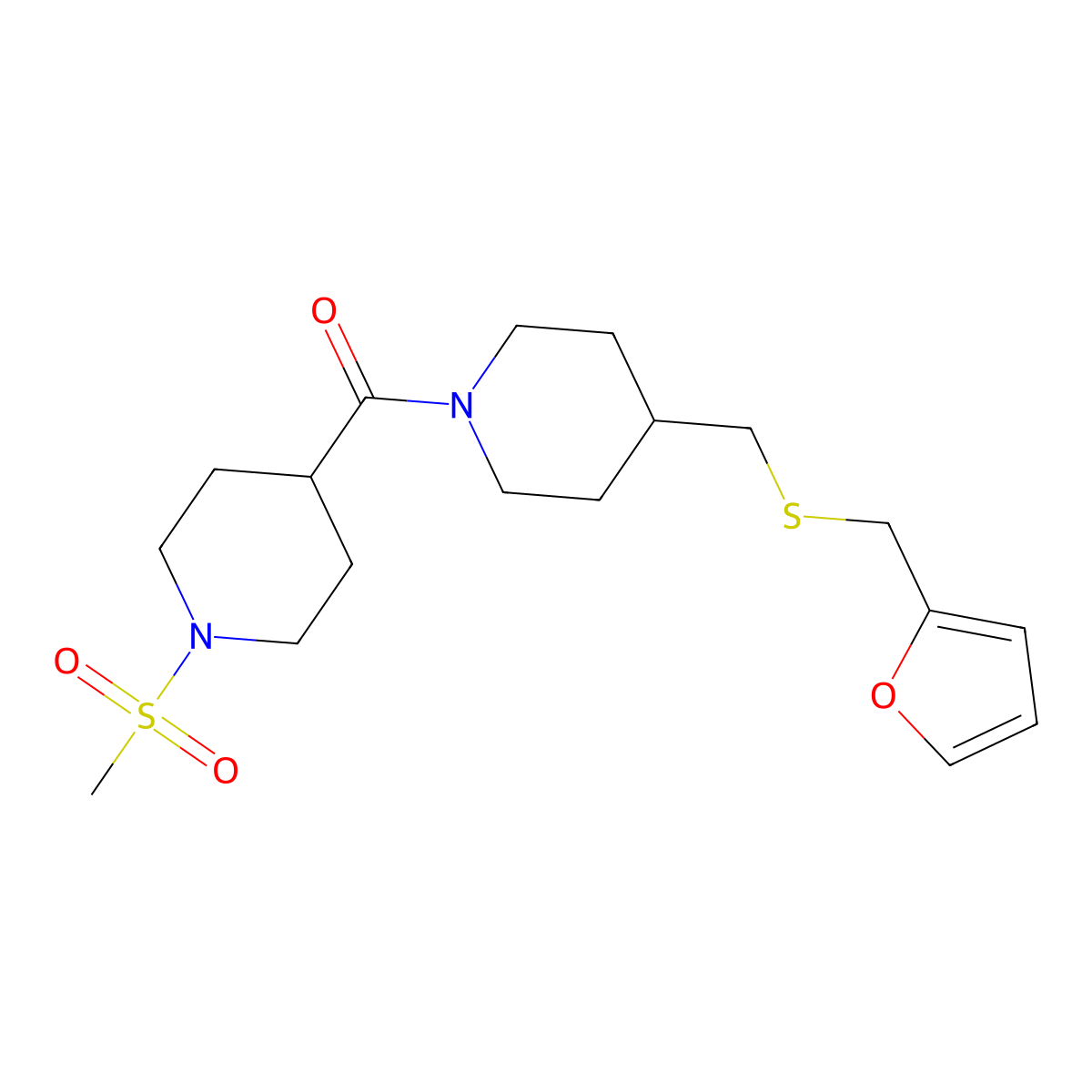 (4-(((Furan-2-ylmethyl)thio)methyl)piperidin-1-yl)(1-(methylsulfonyl)piperidin-4-yl)methanone molecular structure, CAS 1396864-43-9