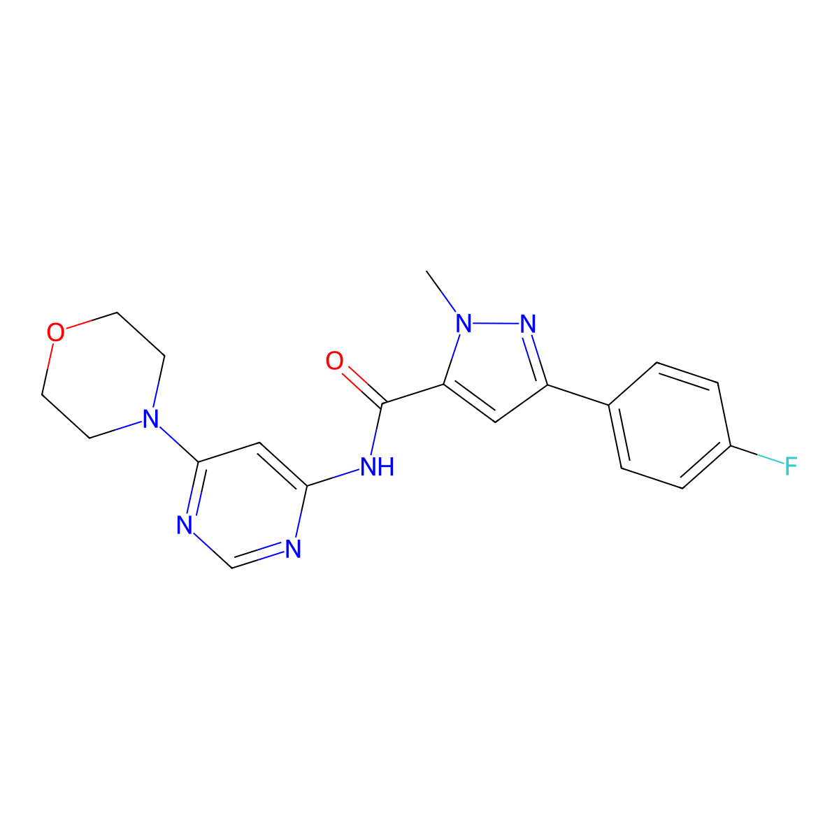3-(4-fluorophenyl)-1-methyl-N-(6-morpholinopyrimidin-4-yl)-1H-pyrazole-5-carboxamide molecular structure, CAS 1396864-45-1