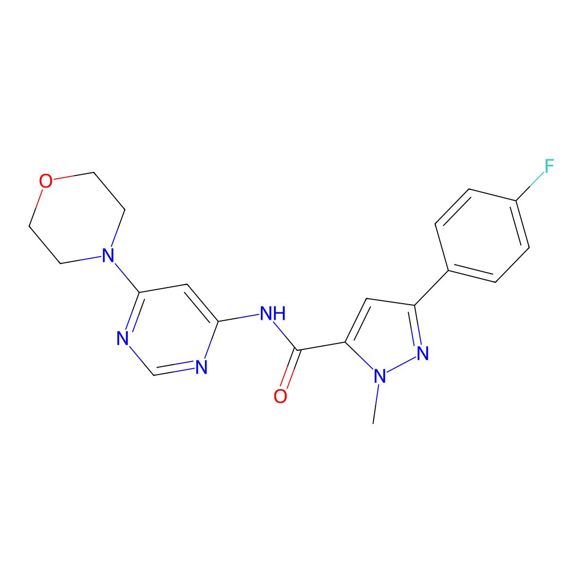 3-(4-fluorophenyl)-1-methyl-N-(6-morpholinopyrimidin-4-yl)-1H-pyrazole-5-carboxamide molecular structure, CAS 1396864-45-1