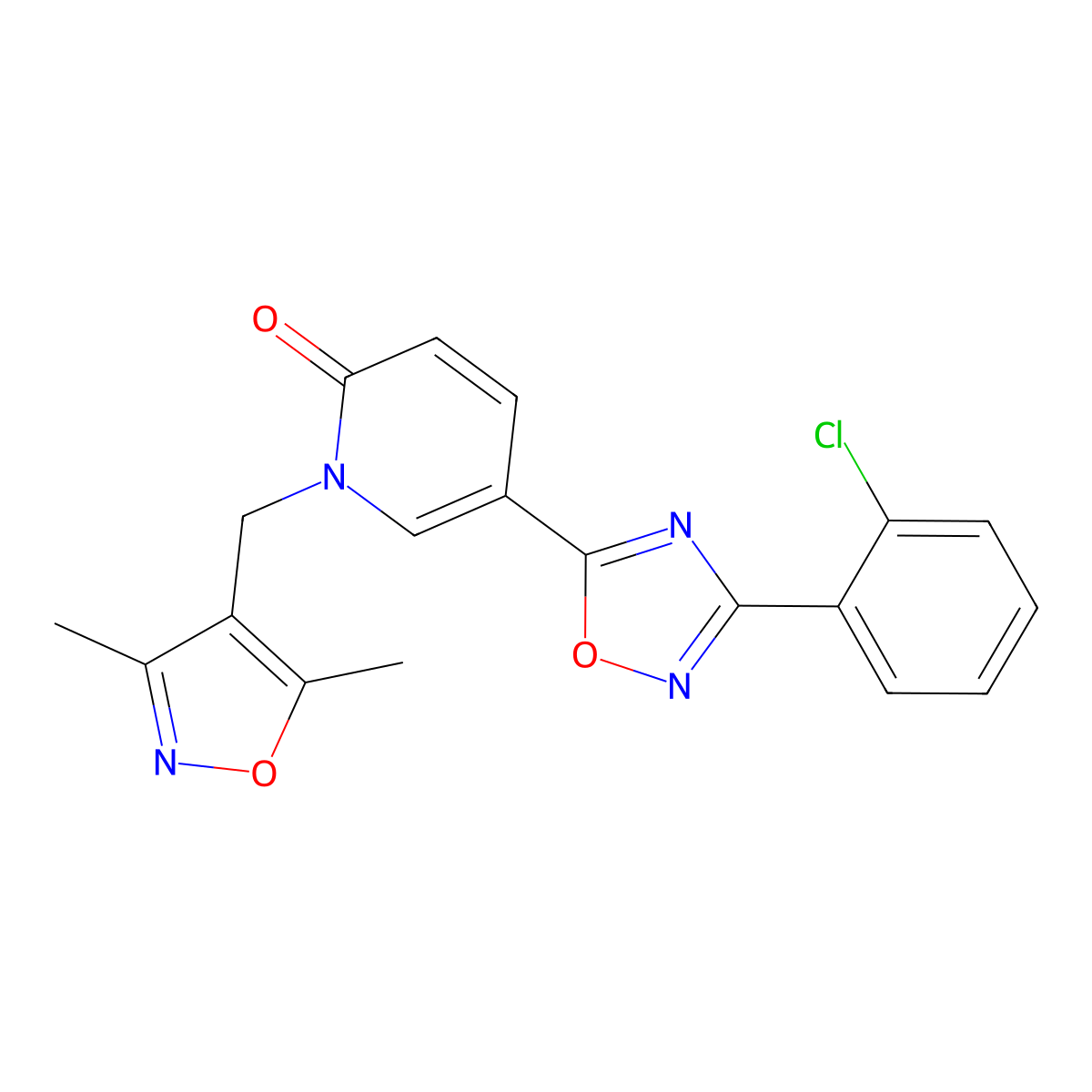 5-(3-(2-chlorophenyl)-1,2,4-oxadiazol-5-yl)-1-((3,5-dimethylisoxazol-4-yl)methyl)pyridin-2(1H)-one molecular structure, CAS 1396864-47-3