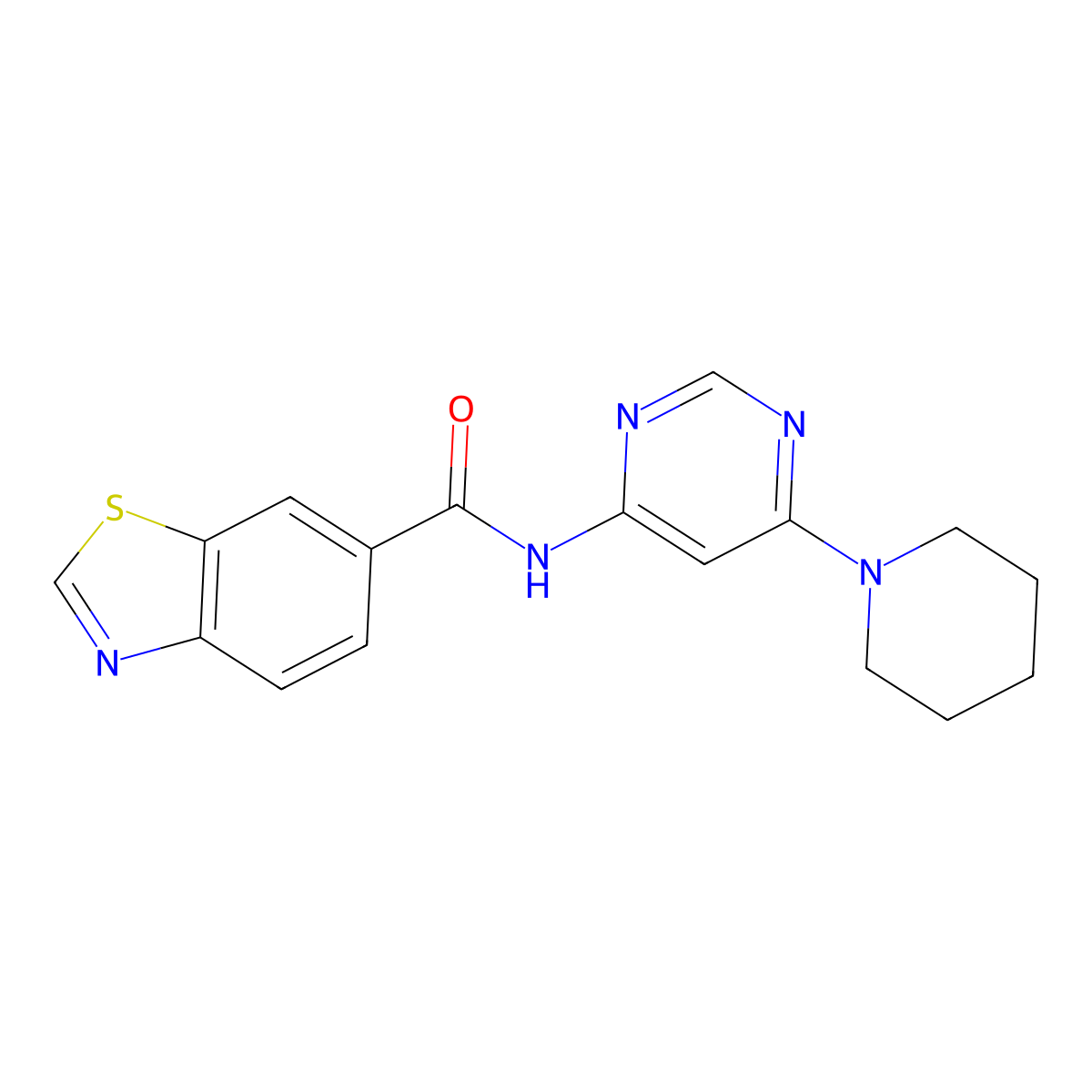 N-(6-(piperidin-1-yl)pyrimidin-4-yl)benzo[d]thiazole-6-carboxamide molecular structure, CAS 1396864-51-9