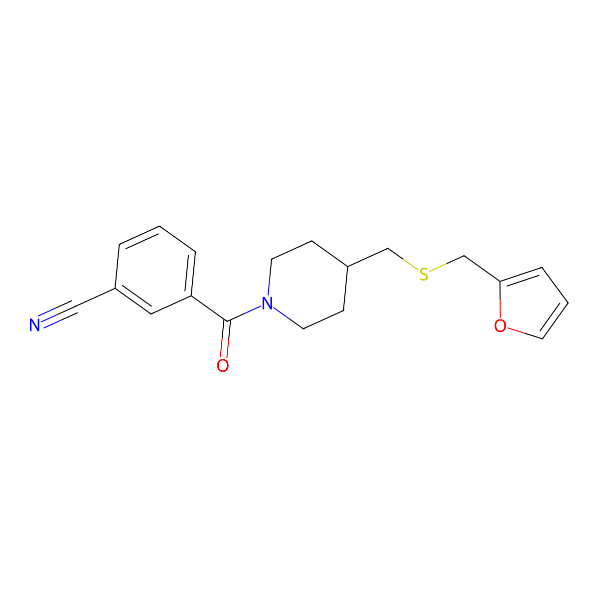 3-(4-(((Furan-2-ylmethyl)thio)methyl)piperidine-1-carbonyl)benzonitrile molecular structure, CAS 1396864-52-0