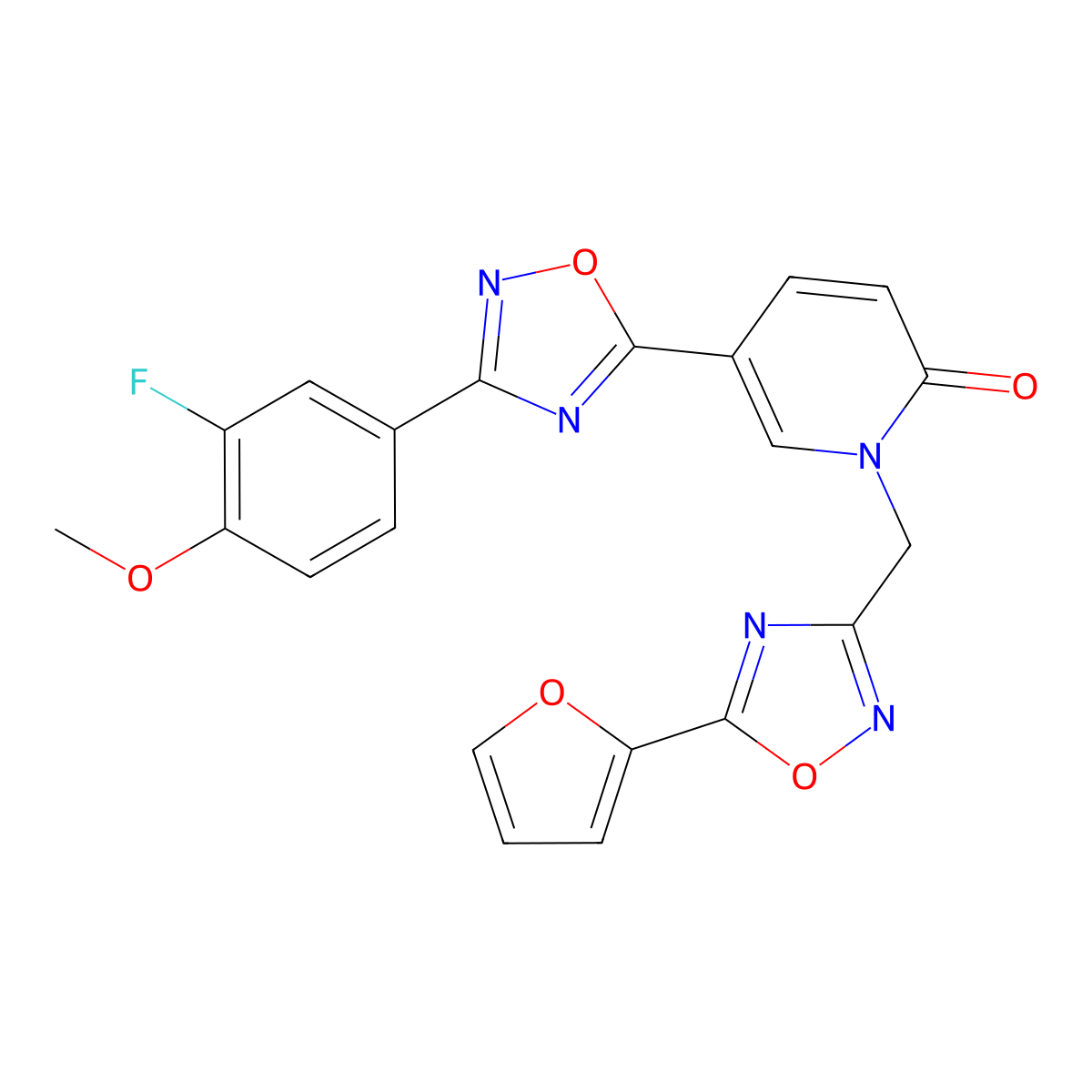 5-(3-(3-fluoro-4-methoxyphenyl)-1,2,4-oxadiazol-5-yl)-1-((5-(furan-2-yl)-1,2,4-oxadiazol-3-yl)methyl)pyridin-2(1H)-one molecular structure, CAS 1396864-54-2