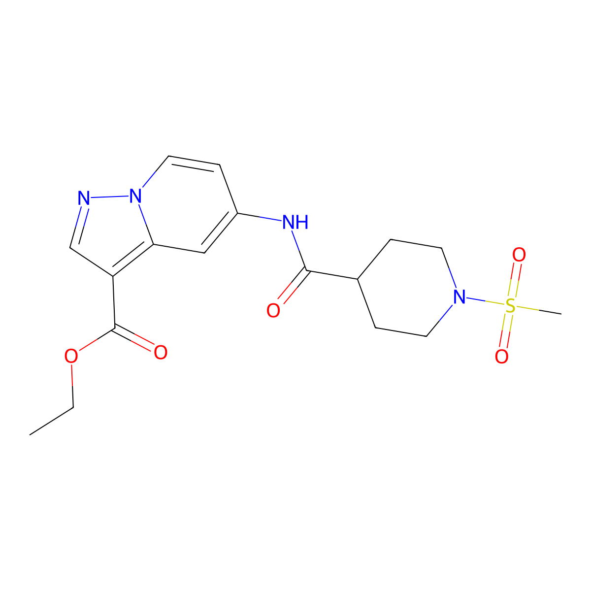 Ethyl 5-(1-(methylsulfonyl)piperidine-4-carboxamido)pyrazolo[1,5-a]pyridine-3-carboxylate molecular structure, CAS 1396864-81-5