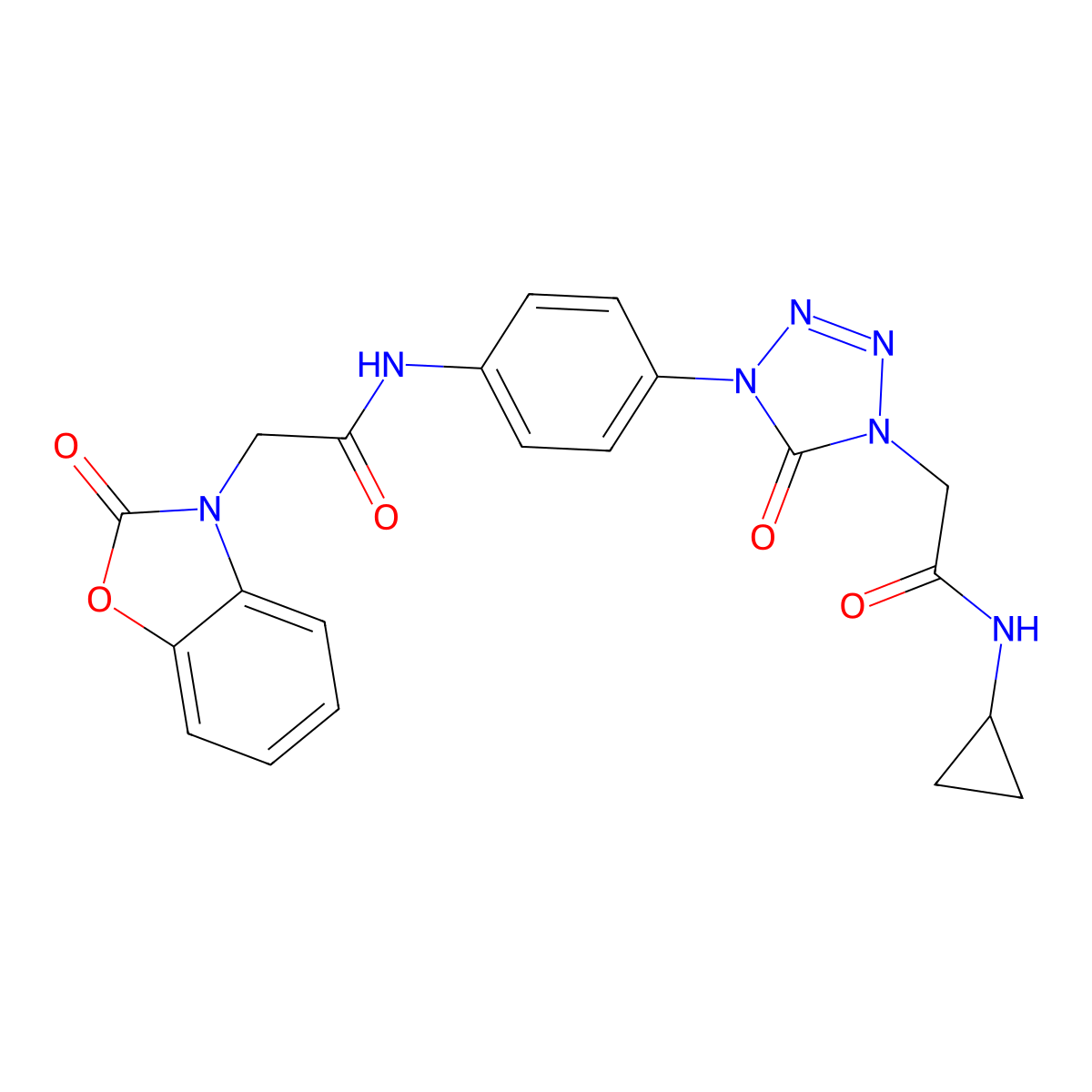N-cyclopropyl-2-(5-oxo-4-{4-[2-(2-oxo-2,3-dihydro-1,3-benzoxazol-3-yl)acetamido]phenyl}-4,5-dihydro-1H-1,2,3,4-tetrazol-1-yl)acetamide molecular structure, CAS 1396864-85-9