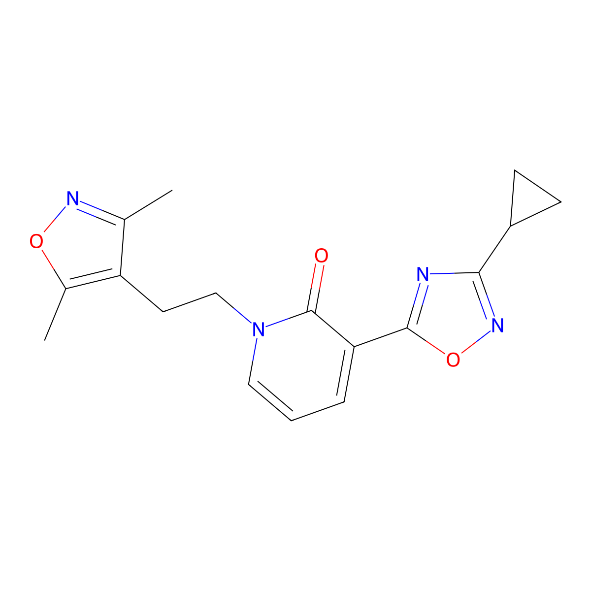 3-(3-cyclopropyl-1,2,4-oxadiazol-5-yl)-1-[2-(3,5-dimethylisoxazol-4-yl)ethyl]pyridin-2(1H)-one molecular structure, CAS 1396864-89-3
