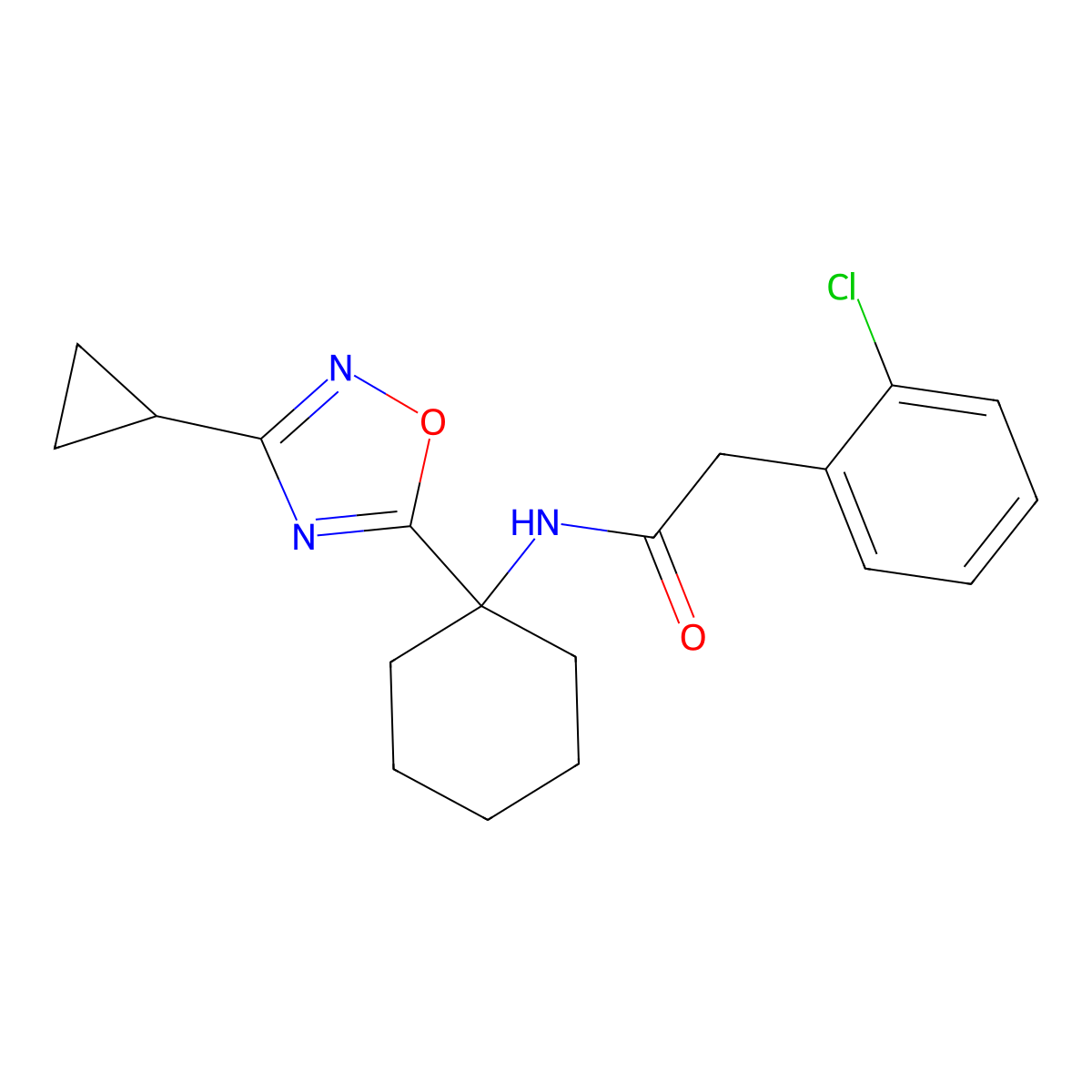 2-(2-chlorophenyl)-N-[1-(3-cyclopropyl-1,2,4-oxadiazol-5-yl)cyclohexyl]acetamide molecular structure, CAS 1396864-97-3