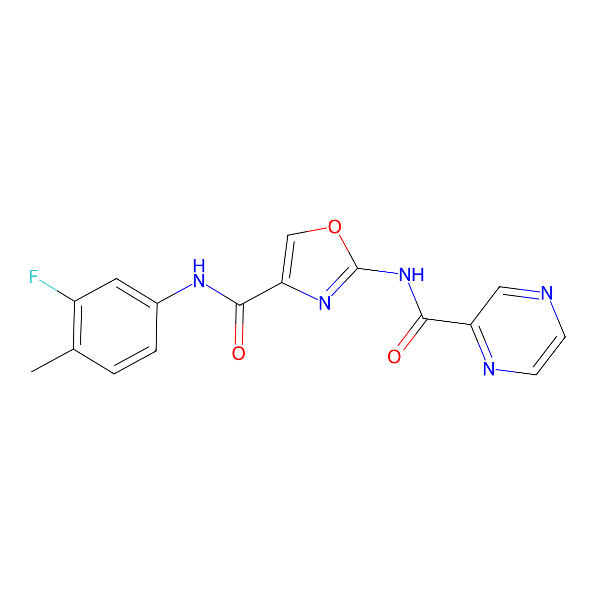 N-(3-fluoro-4-methylphenyl)-2-(pyrazine-2-carboxamido)oxazole-4-carboxamide molecular structure, CAS 1396865-13-6