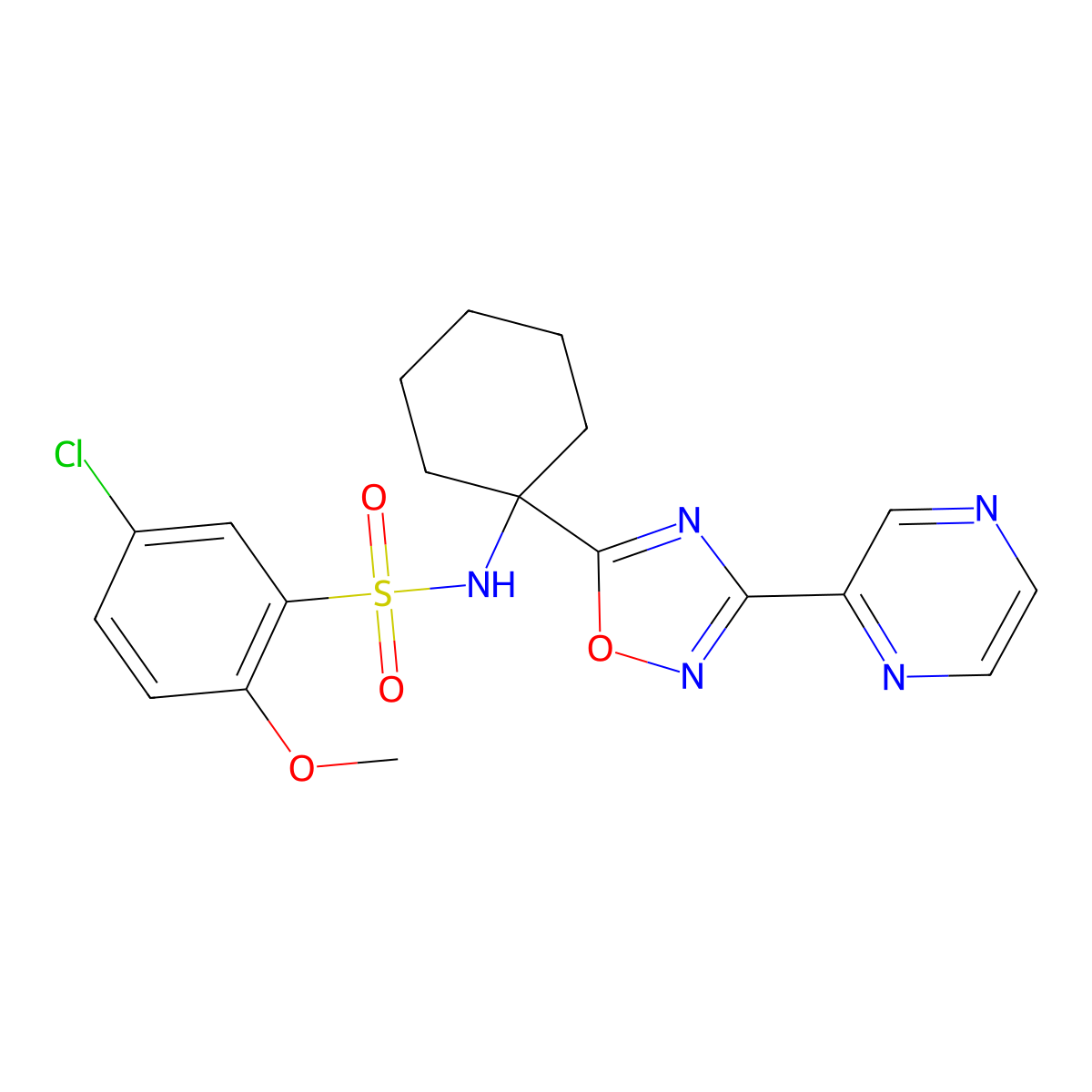 5-chloro-2-methoxy-N-[1-(3-pyrazin-2-yl-1,2,4-oxadiazol-5-yl)cyclohexyl]benzenesulfonamide molecular structure, CAS 1396865-20-5