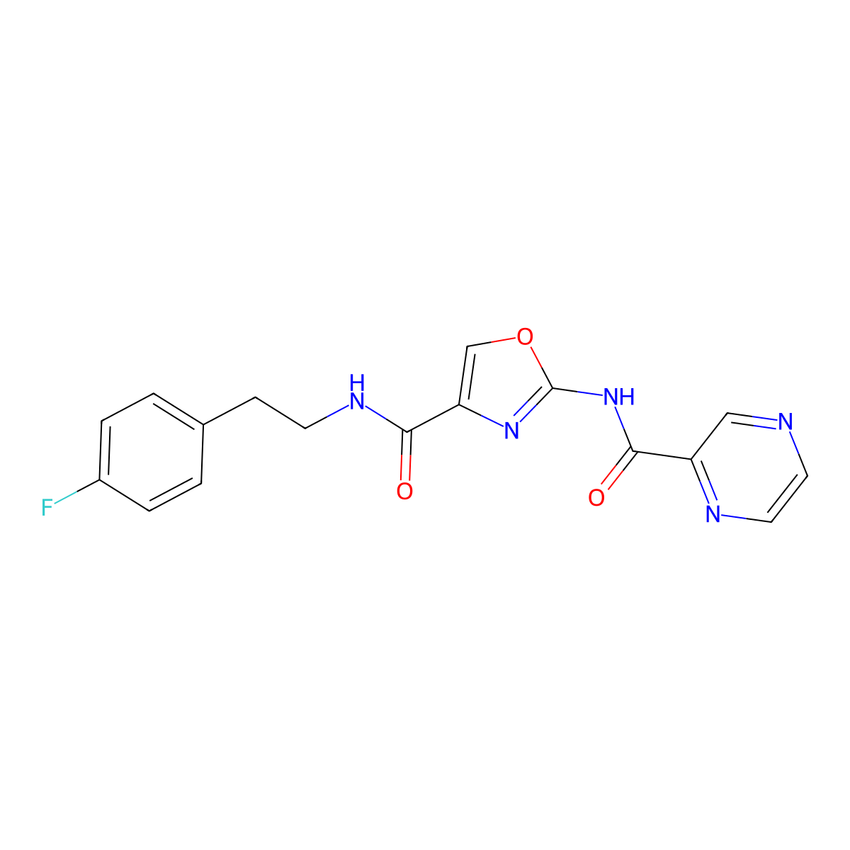 N-(4-fluorophenethyl)-2-(pyrazine-2-carboxamido)oxazole-4-carboxamide molecular structure, CAS 1396865-23-8