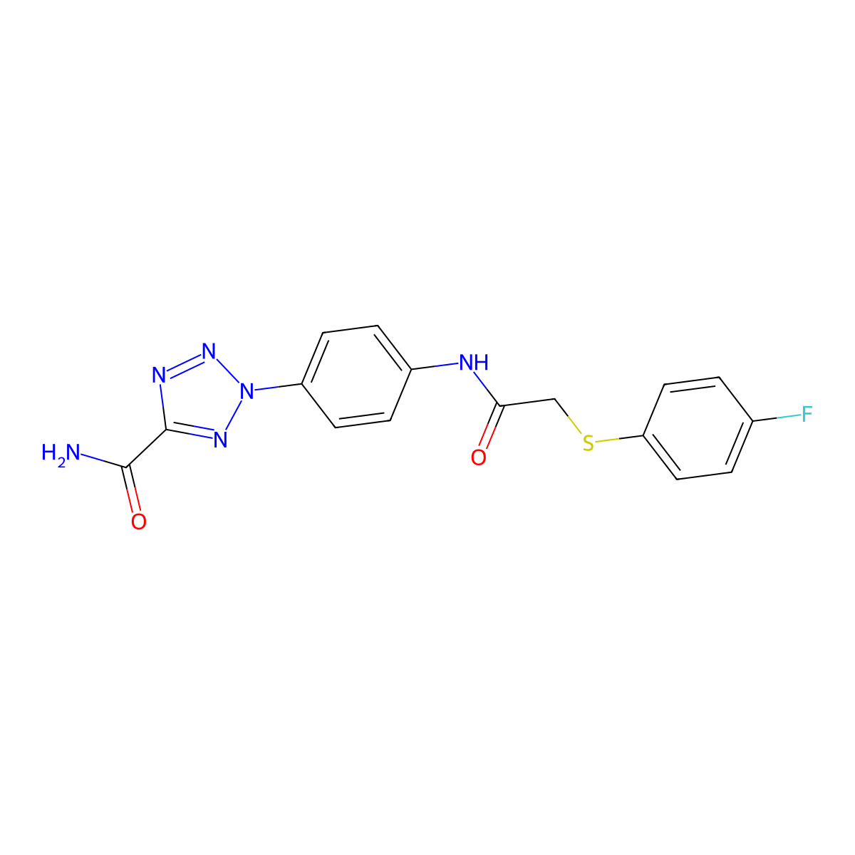 2-(4-(2-((4-fluorophenyl)thio)acetamido)phenyl)-2H-tetrazole-5-carboxamide molecular structure, CAS 1396865-36-3