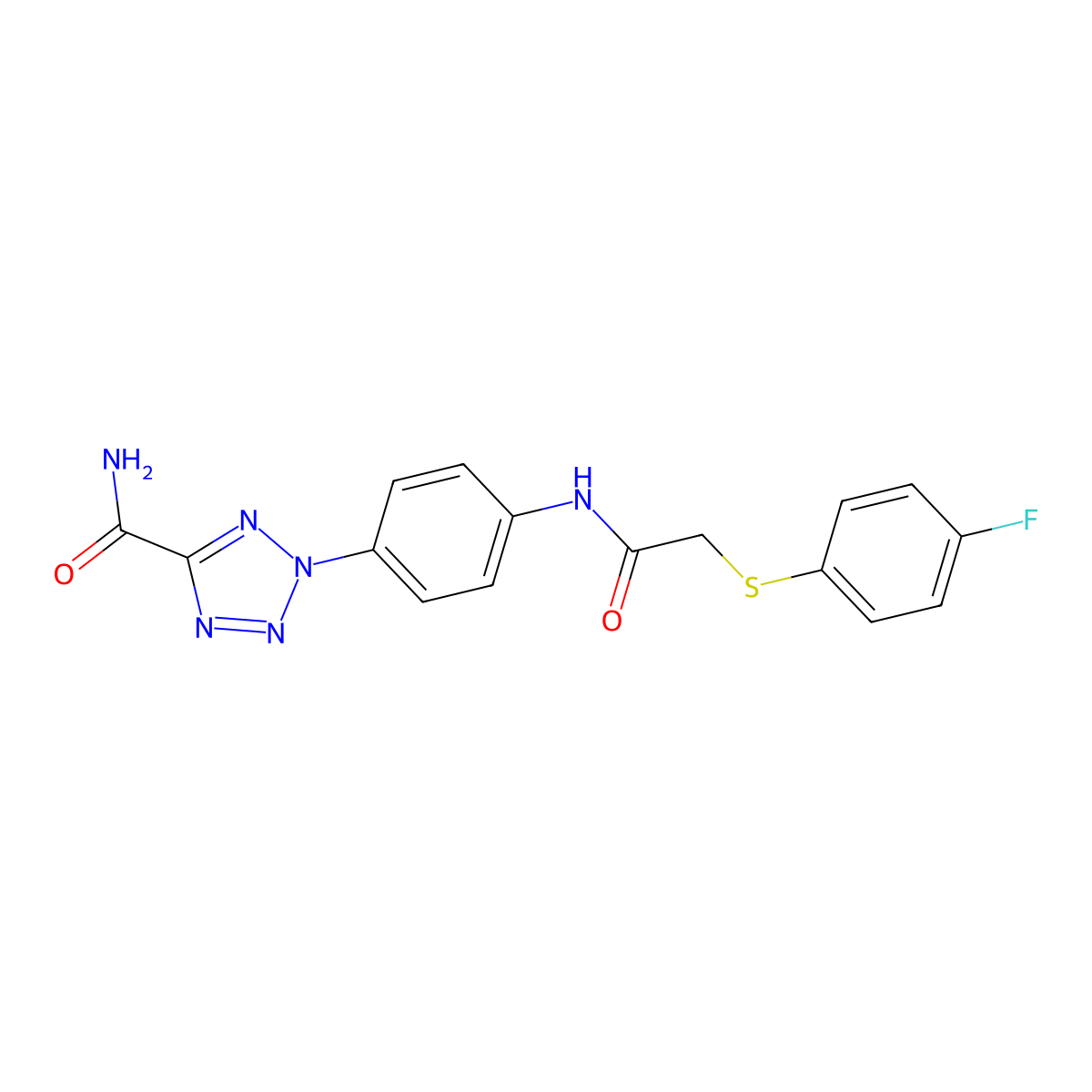 2-(4-(2-((4-fluorophenyl)thio)acetamido)phenyl)-2H-tetrazole-5-carboxamide molecular structure, CAS 1396865-36-3