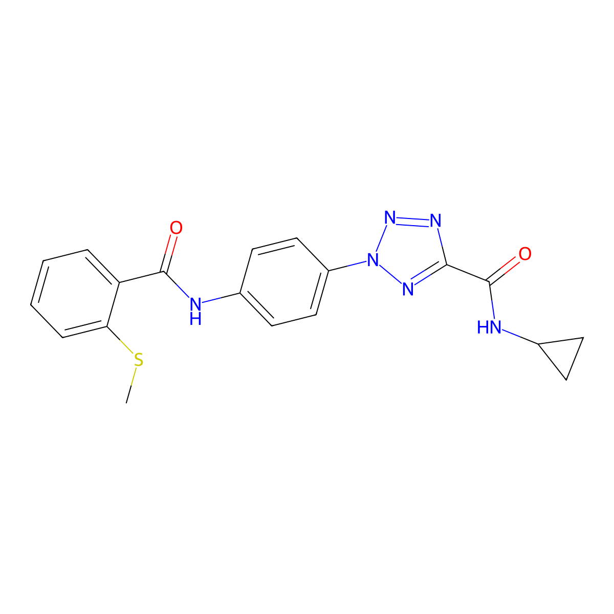 N-cyclopropyl-2-(4-(2-(methylthio)benzamido)phenyl)-2H-tetrazole-5-carboxamide molecular structure, CAS 1396865-42-1