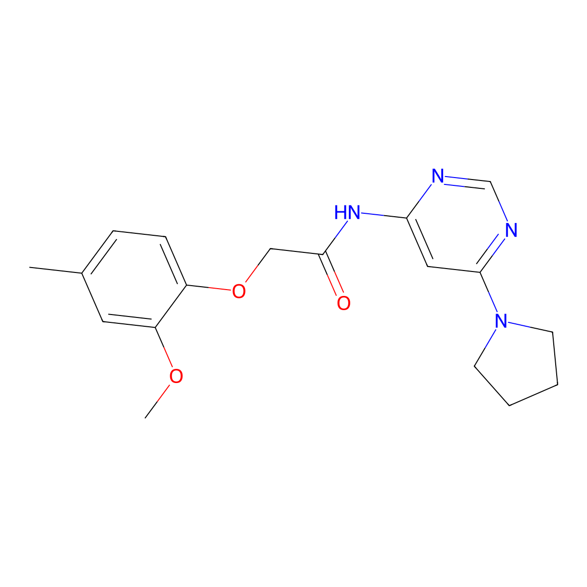 2-(2-methoxy-4-methylphenoxy)-N-[6-(pyrrolidin-1-yl)pyrimidin-4-yl]acetamide molecular structure, CAS 1396865-92-1