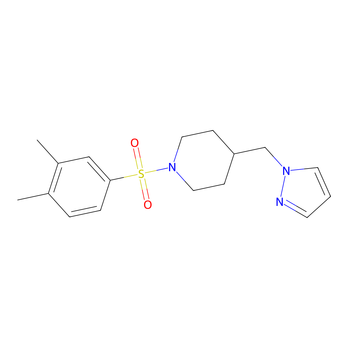 4-((1H-pyrazol-1-yl)methyl)-1-((3,4-dimethylphenyl)sulfonyl)piperidine molecular structure, CAS 1396865-94-3