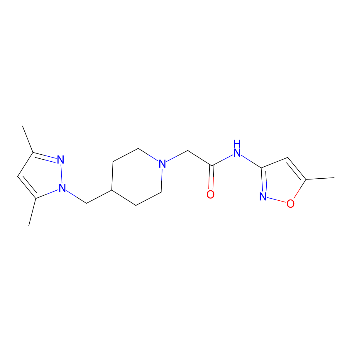 2-(4-((3,5-dimethyl-1H-pyrazol-1-yl)methyl)piperidin-1-yl)-N-(5-methylisoxazol-3-yl)acetamide molecular structure, CAS 1396865-98-7