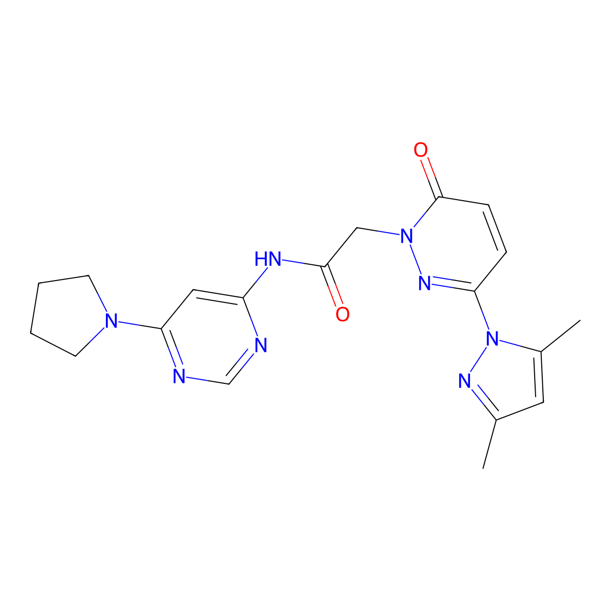 2-(3-(3,5-dimethyl-1H-pyrazol-1-yl)-6-oxopyridazin-1(6H)-yl)-N-(6-(pyrrolidin-1-yl)pyrimidin-4-yl)acetamide molecular structure, CAS 1396866-03-7